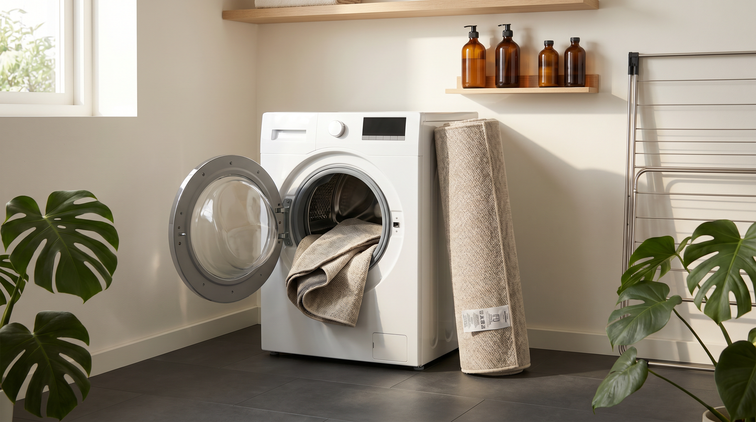 Buanderie domestique lumineuse avec tapis en coton beige roulé devant un lave-linge ouvert, panier en osier et plante verte