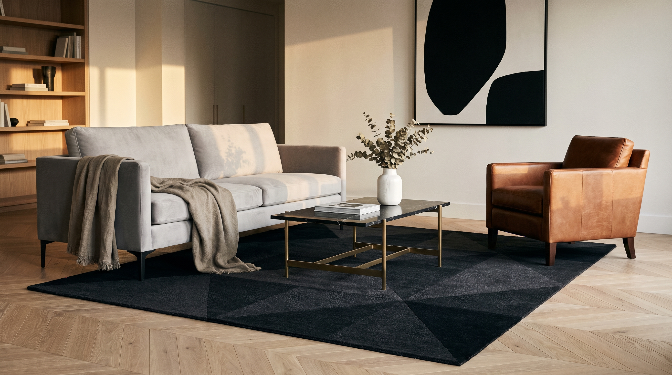 Salon contemporain avec parquet en chêne clair, canapé gris perle, tapis noir signature 200×300 cm en laine à motifs géométriques discrets, mur blanc avec œuvre minimaliste encadrée