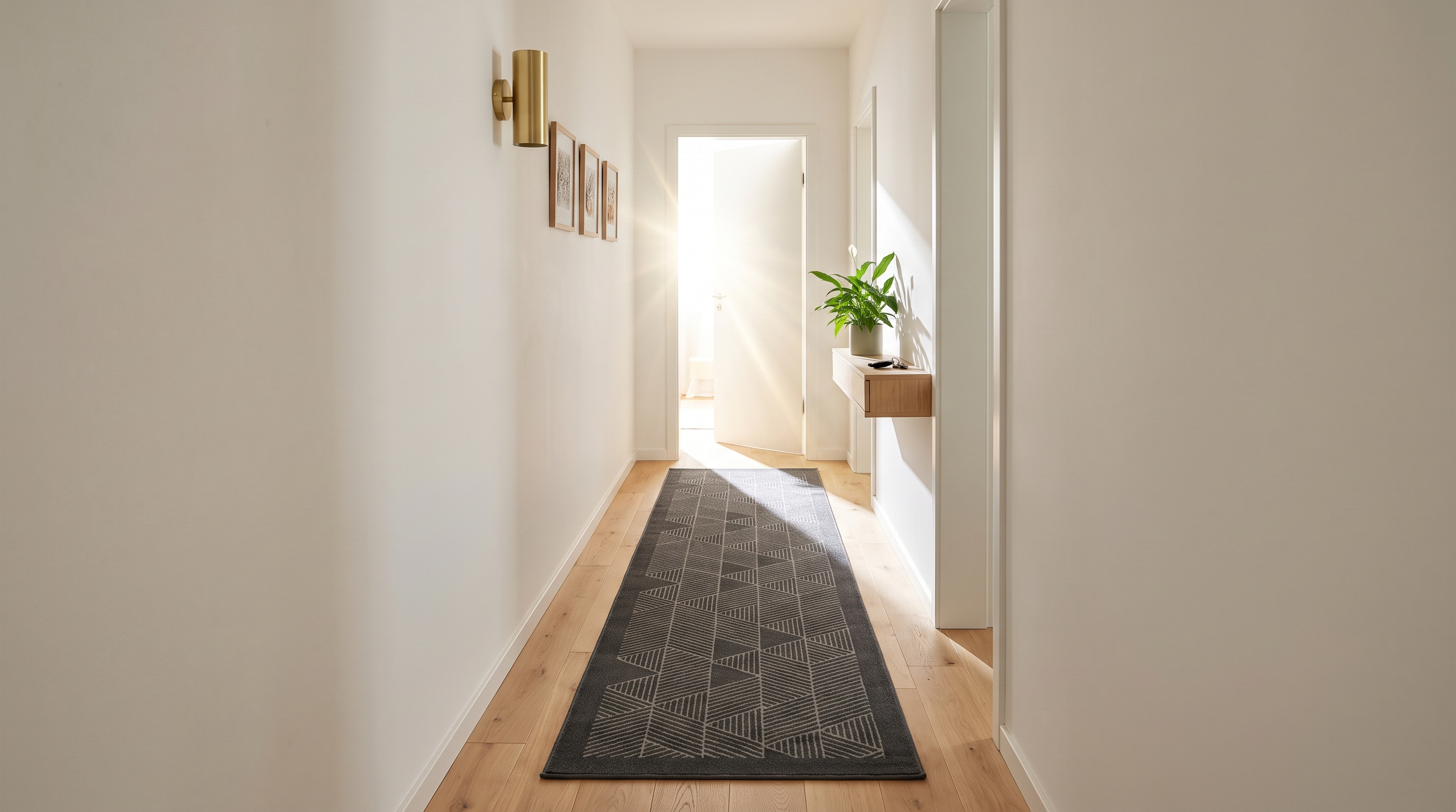 Couloir étroit moderne avec parquet en chêne clair, tapis runner sur-mesure en polypropylène anthracite à motif graphique sobre, mur blanc avec applique murale en laiton, porte au fond ouverte sur une pièce lumineuse