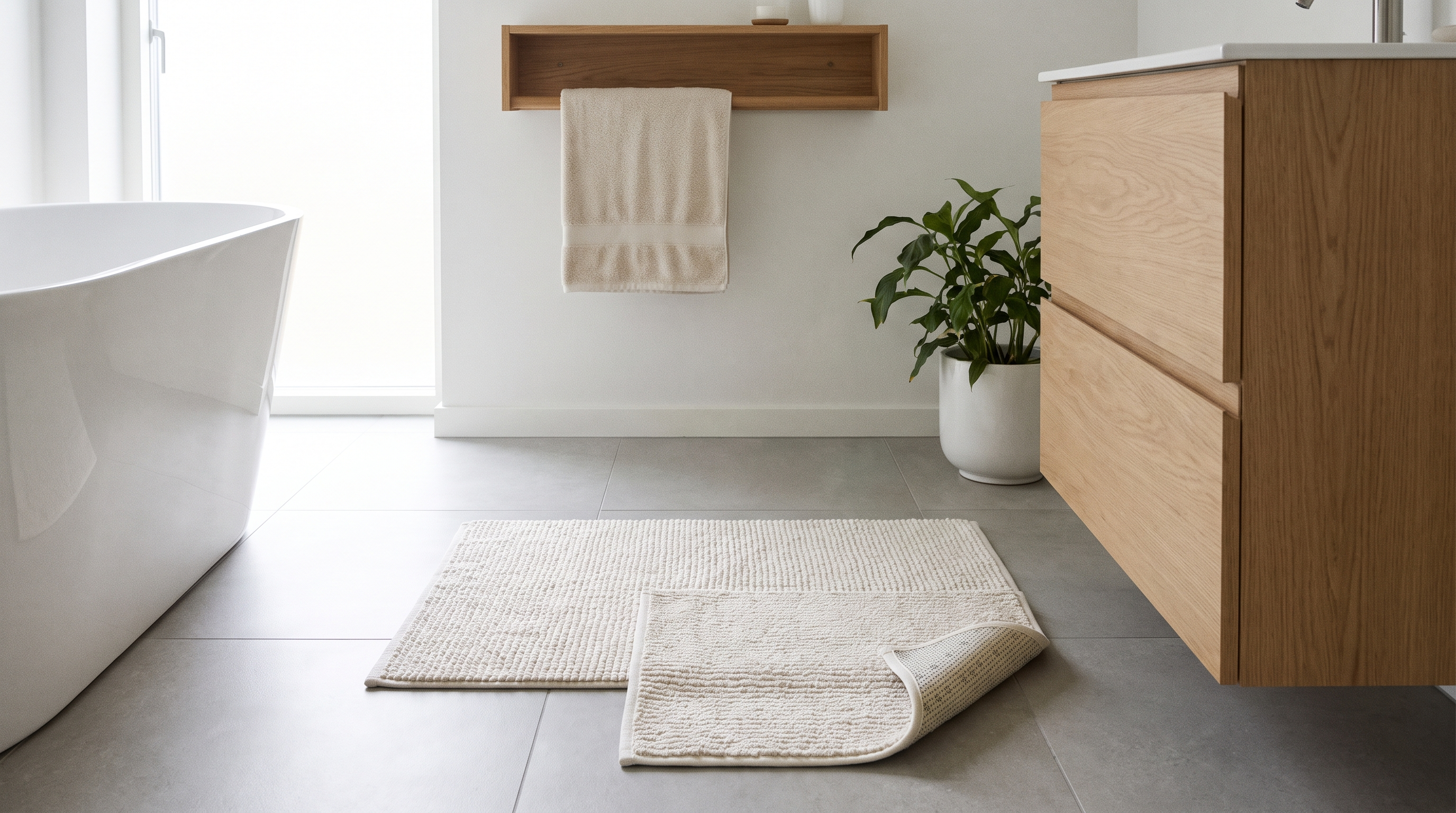 Salle de bain moderne lumineuse avec carrelage gris perle, baignoire ilot et lavabo céramique, kit tapis de bain coton blanc et tapis lavabo coordonné devant le meuble vasque