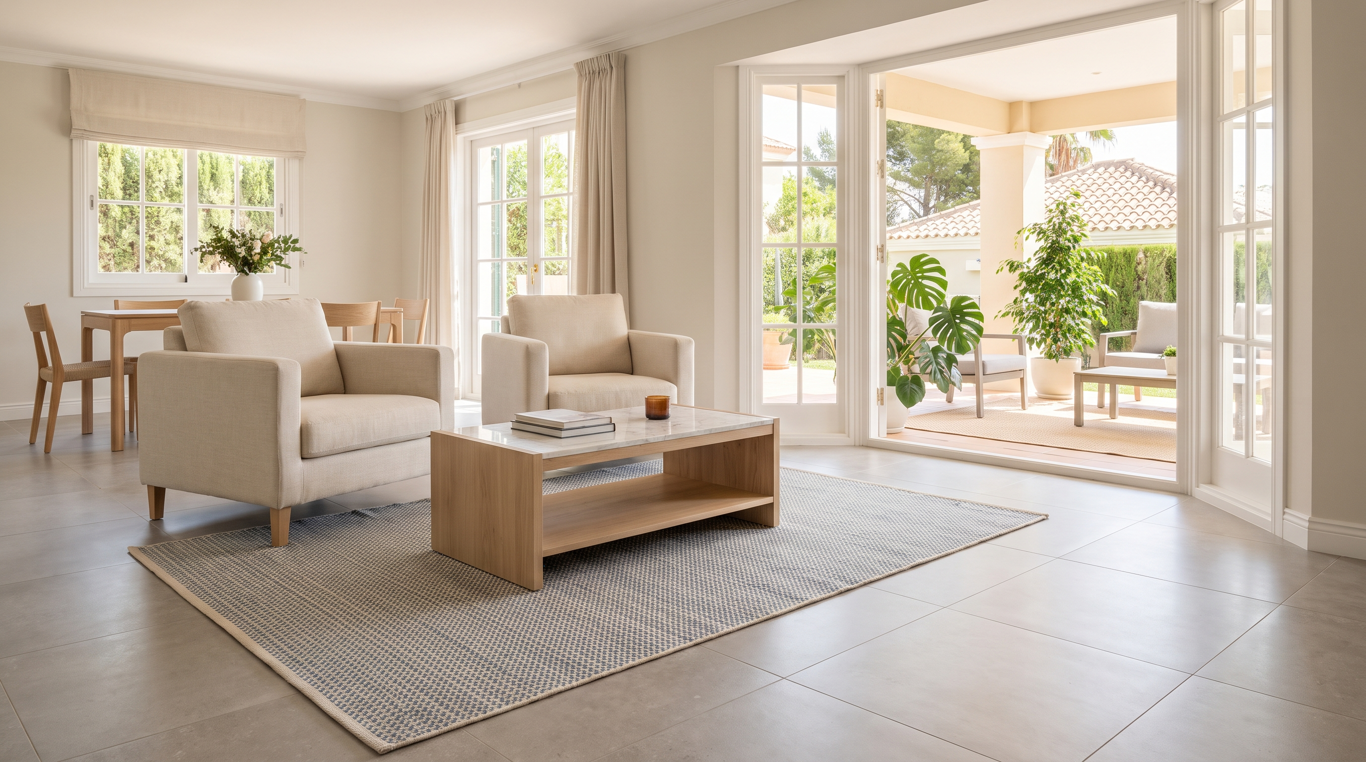 Salon contemporain avec sol carrelage gris, tapis polypropylène Heat-Set à motif géométrique discret bleu gris et écru sous une table basse moderne, deux fauteuils en lin écru et un tapis polypropylène extérieur visible par la baie vitrée