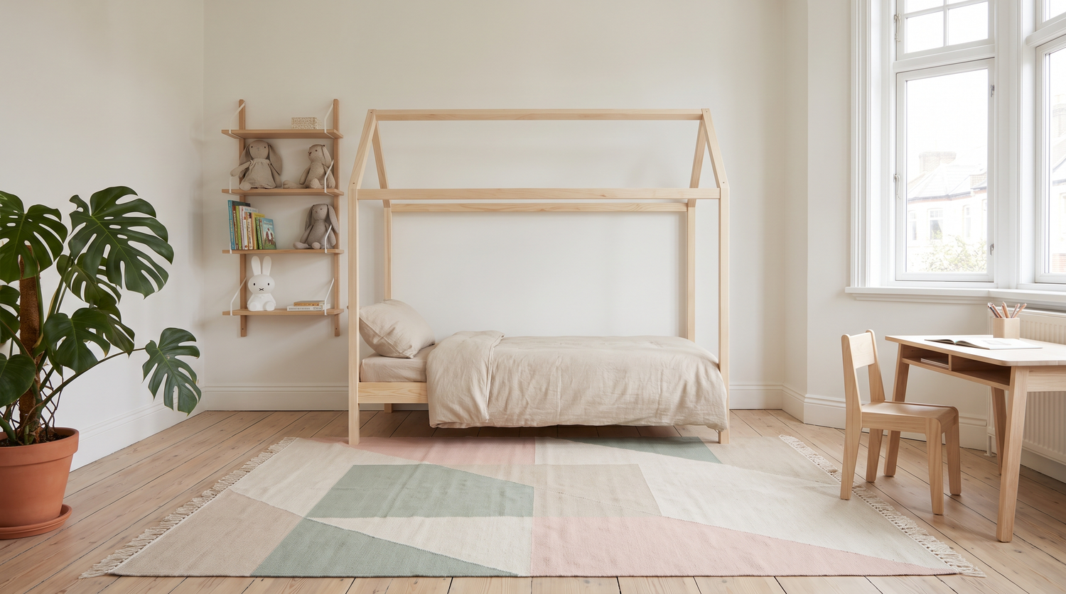 Chambre d'enfant lumineuse aux murs blanc cassé, grand tapis 200×290 cm certifié Oeko-Tex à motif géométrique pastel sous un lit en bois clair avec linge de lit naturel, étagères avec livres et peluches, plante verte