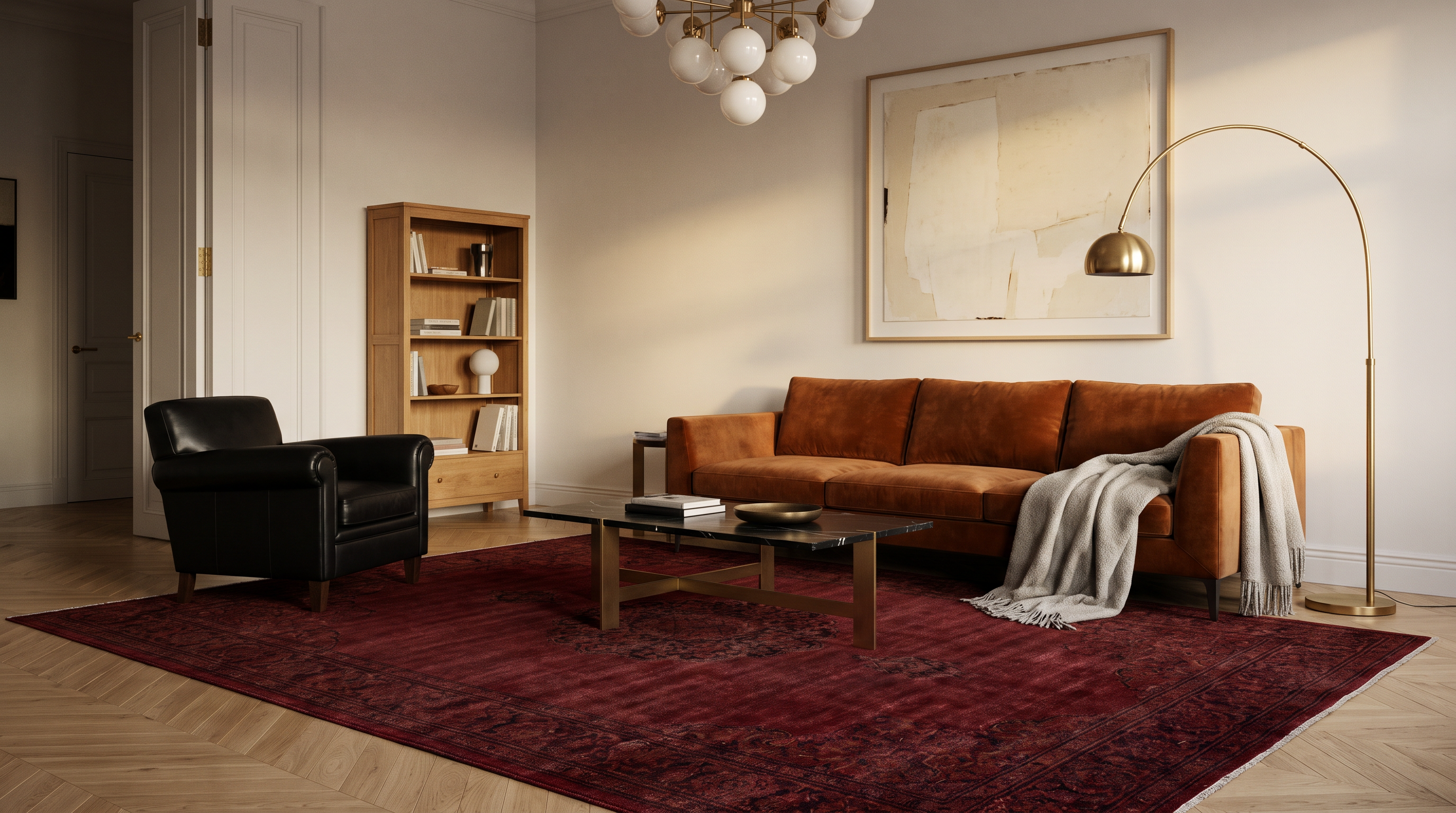 Salon contemporain avec mur blanc cassé et grande œuvre abstraite encadrée, canapé velours cognac, grand tapis rouge bordeaux 200×300 cm à motif oriental sobre, table basse marbre noir et laiton, parquet chêne clair, lustre globe verre opalin