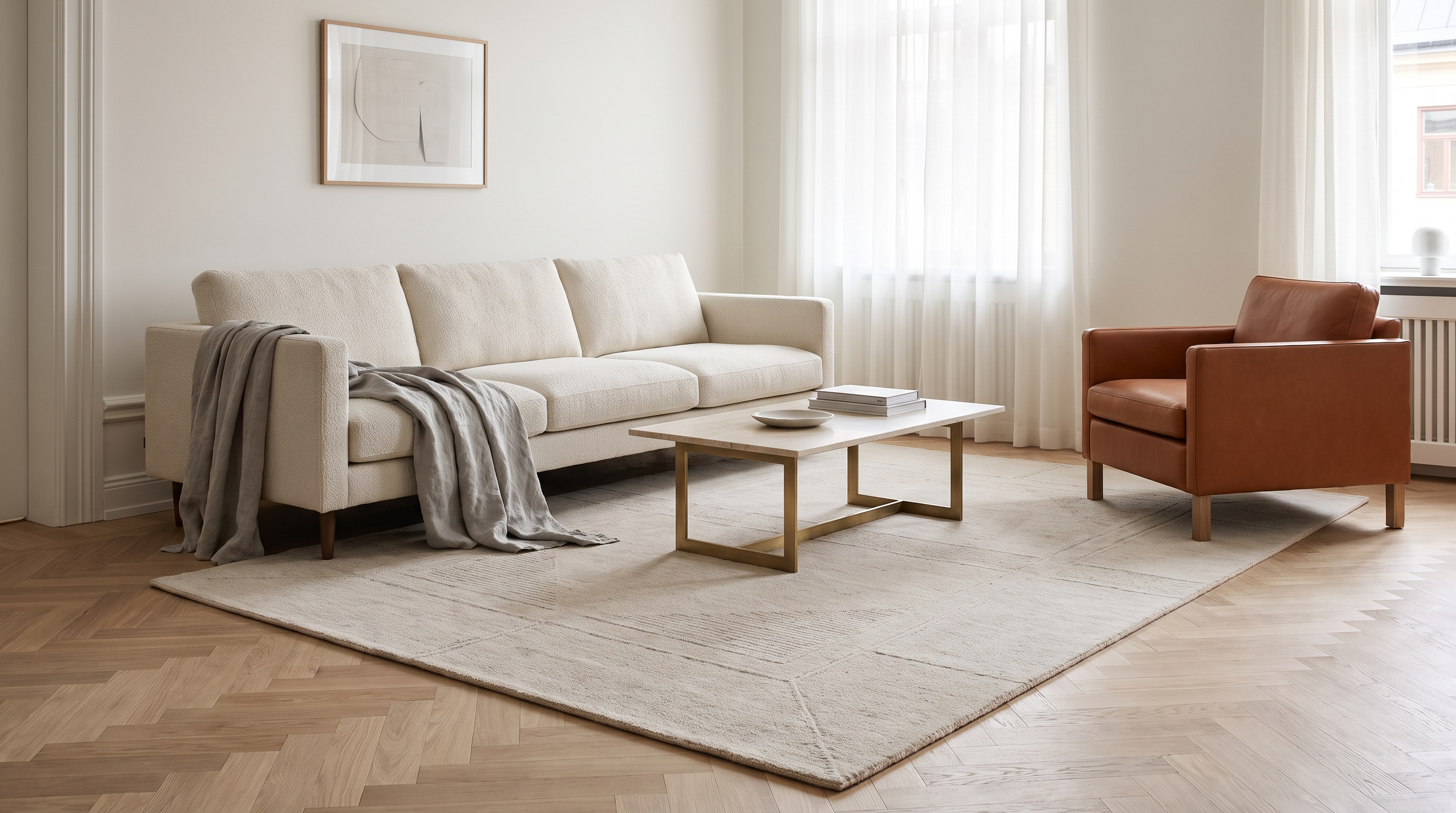 Salon contemporain avec canapé crème en lin texturé, tapis 200×300 cm style scandinave en laine beige clair à motifs géométriques discrets, parquet chêne clair, fauteuil cuir cognac