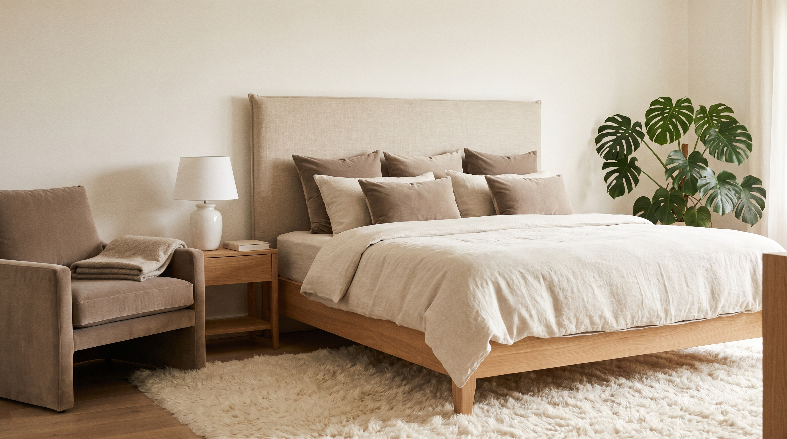 Chambre principale lumineuse avec lit en bois clair, linge de lit en lin beige, grand tapis shaggy 200×290 cm à poils longs ivoire ultra-moelleux au pied du lit, fauteuil de lecture en velours taupe, lampe de chevet en céramique blanche