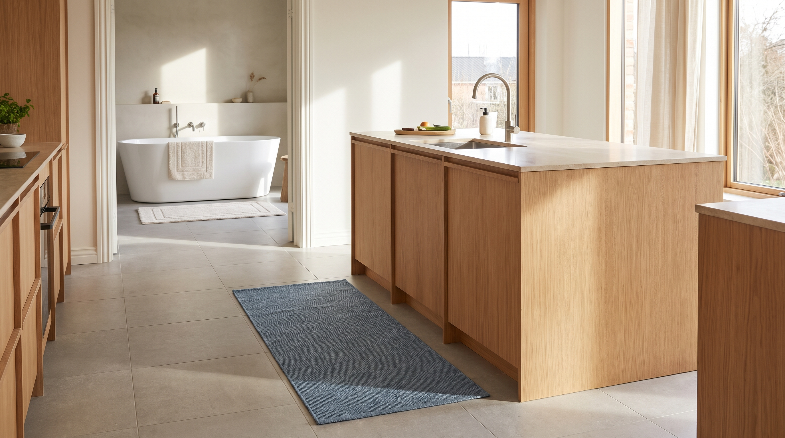 Cuisine moderne lumineuse avec carrelage gris perle, ilot central bois clair, kit tapis lavable polyester-coton 80×150 cm bleu à motif géométrique sobre devant l'évier, salle de bain attenante visible avec kit tapis bain coordonné