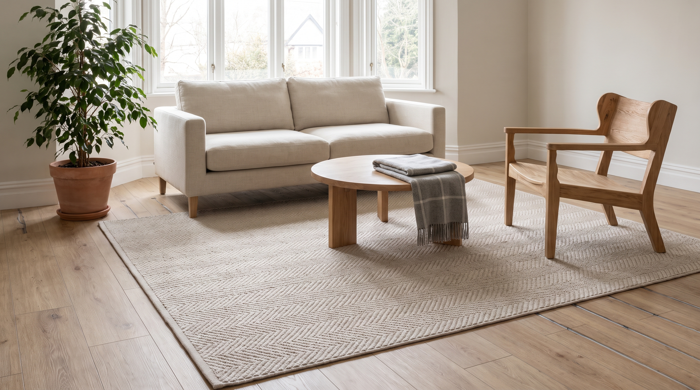 Salon contemporain avec parquet stratifié chêne clair sur plancher chauffant, grand tapis lavable polyester-coton 200×290 cm beige clair à motif géométrique discret, canapé en lin écru, fauteuil bois clair, plante verte