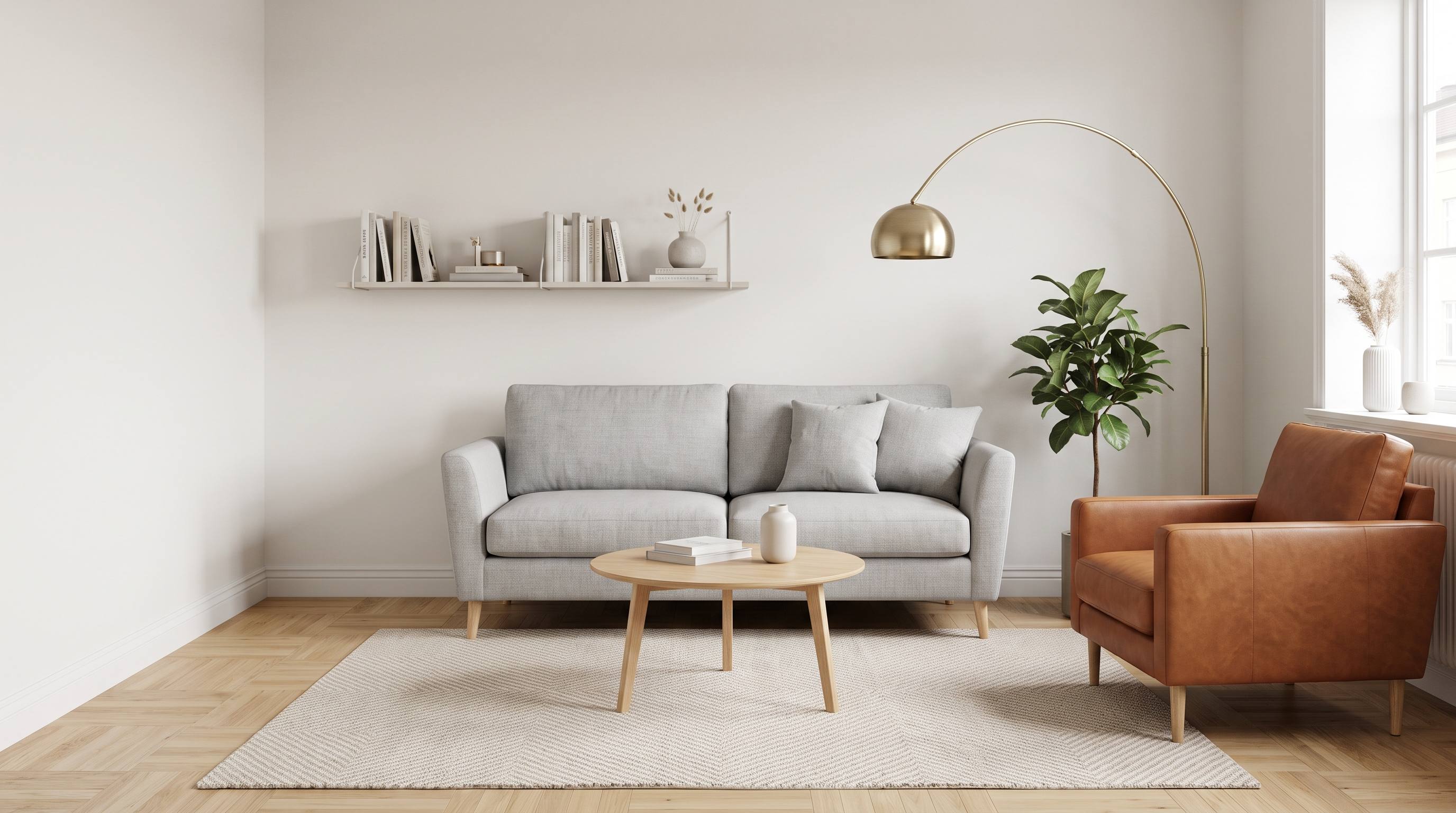 Petit salon scandinave lumineux d'environ 12 m² avec mur blanc cassé, canapé deux places en lin gris perle, tapis 160×220 cm beige clair à motif géométrique discret, table basse ronde bois clair, fauteuil cuir cognac, plante verte ficus