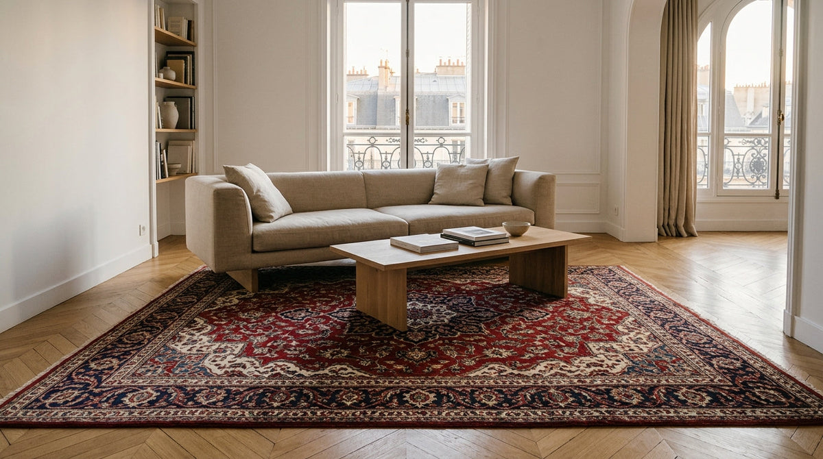 Salon parisien contemporain aux murs blancs et parquet point de Hongrie, grand tapis de style persan rouge grenat et bleu nuit à médaillon central sous un canapé en lin beige et une table basse en bois clair