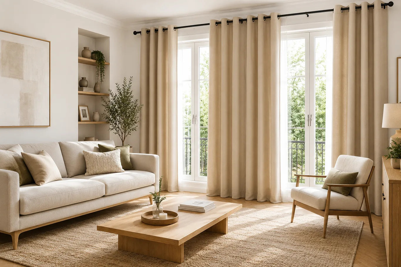 Salon élégant et lumineux, harmonie entre un grand tapis et des rideaux sur mesure