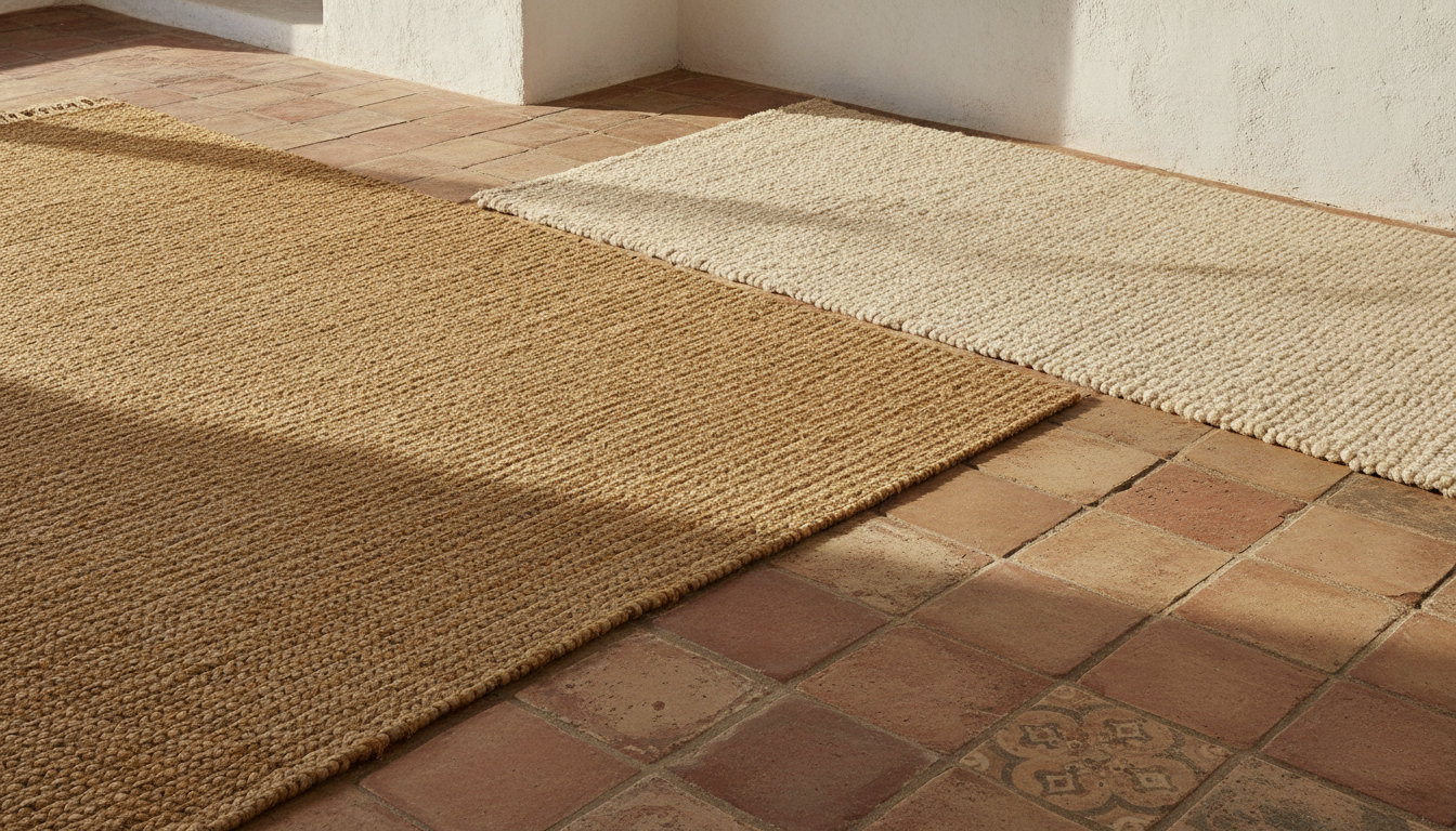 Tapis en jute tissé beige doré sur tomettes, avec un tapis en laine ivoire superposé
