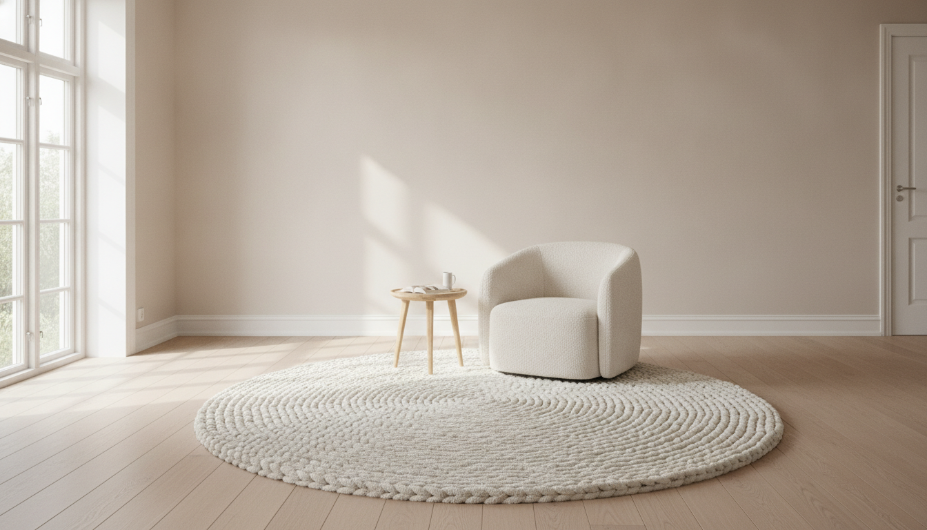 Tapis rond en laine ivoire tressée sous un fauteuil bouclé crème, salon scandinave lumineux