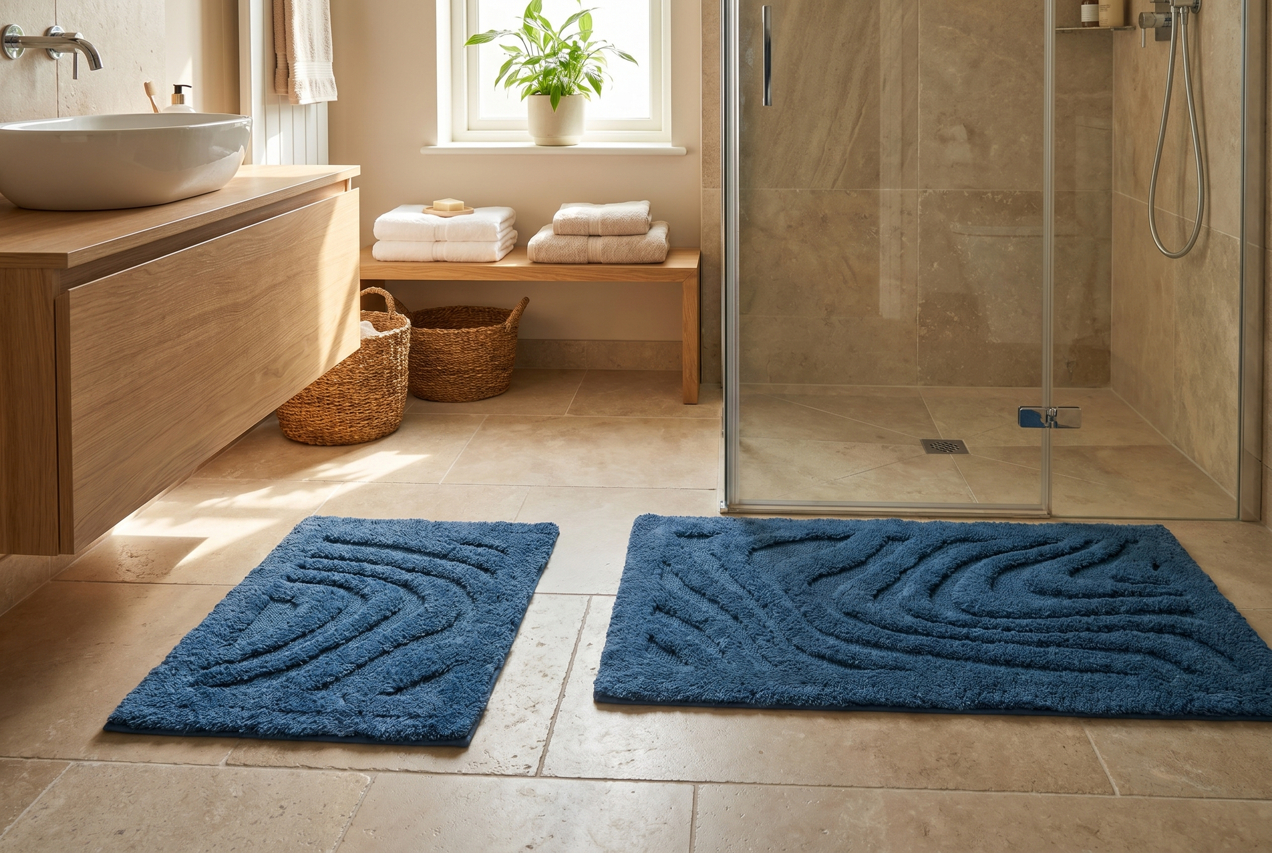 Set de tapis de salle de bain violet fuchsia à motifs relief dans une salle de bain marbre