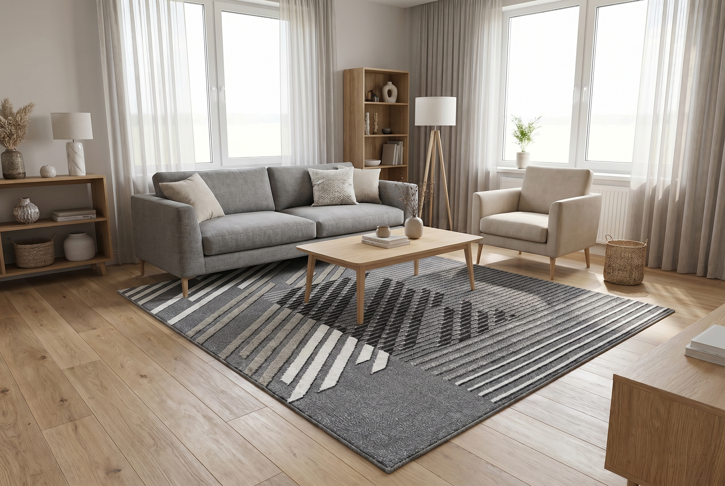 Tapis géométrique gris rayures diagonales dans un salon scandinave canapé gris bois clair