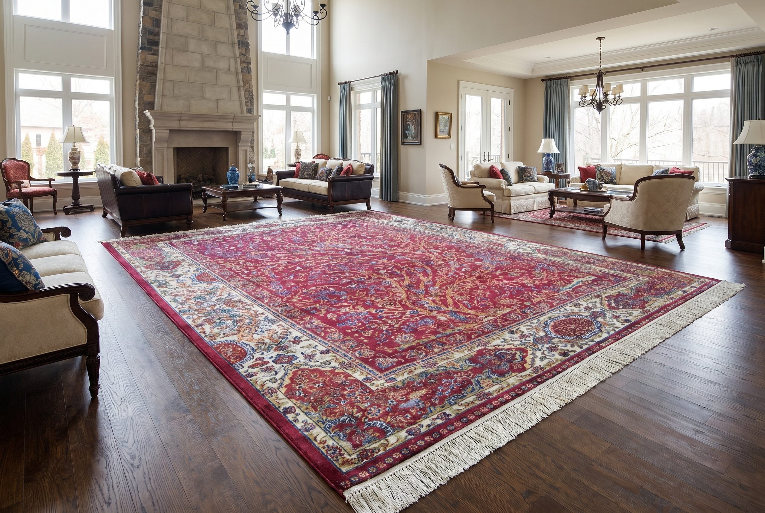 Grand tapis persan rouge à motifs floraux avec franges dans un vaste salon classique