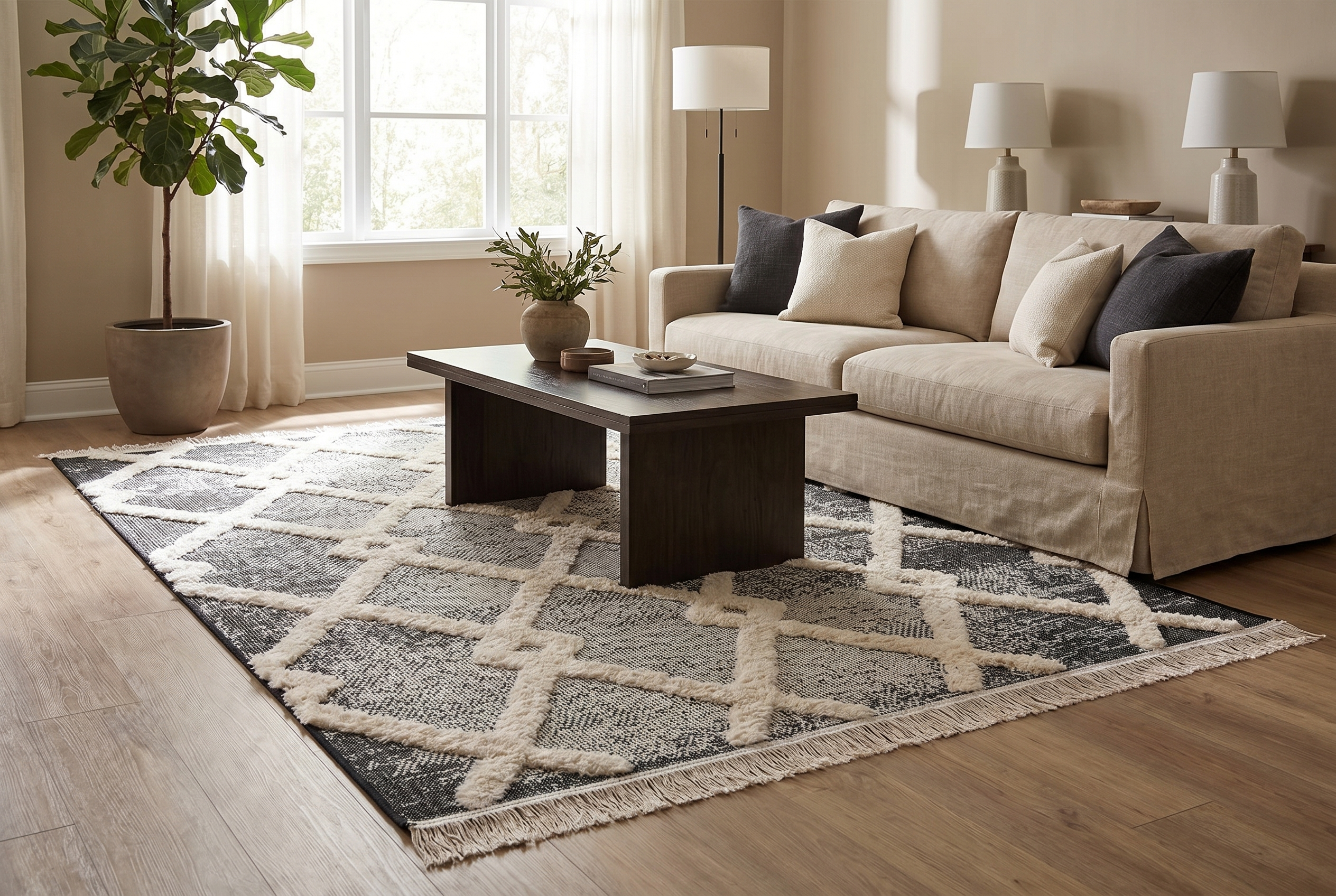 Tapis berbère noir et blanc motifs losanges avec franges dans un salon naturel canapé beige
