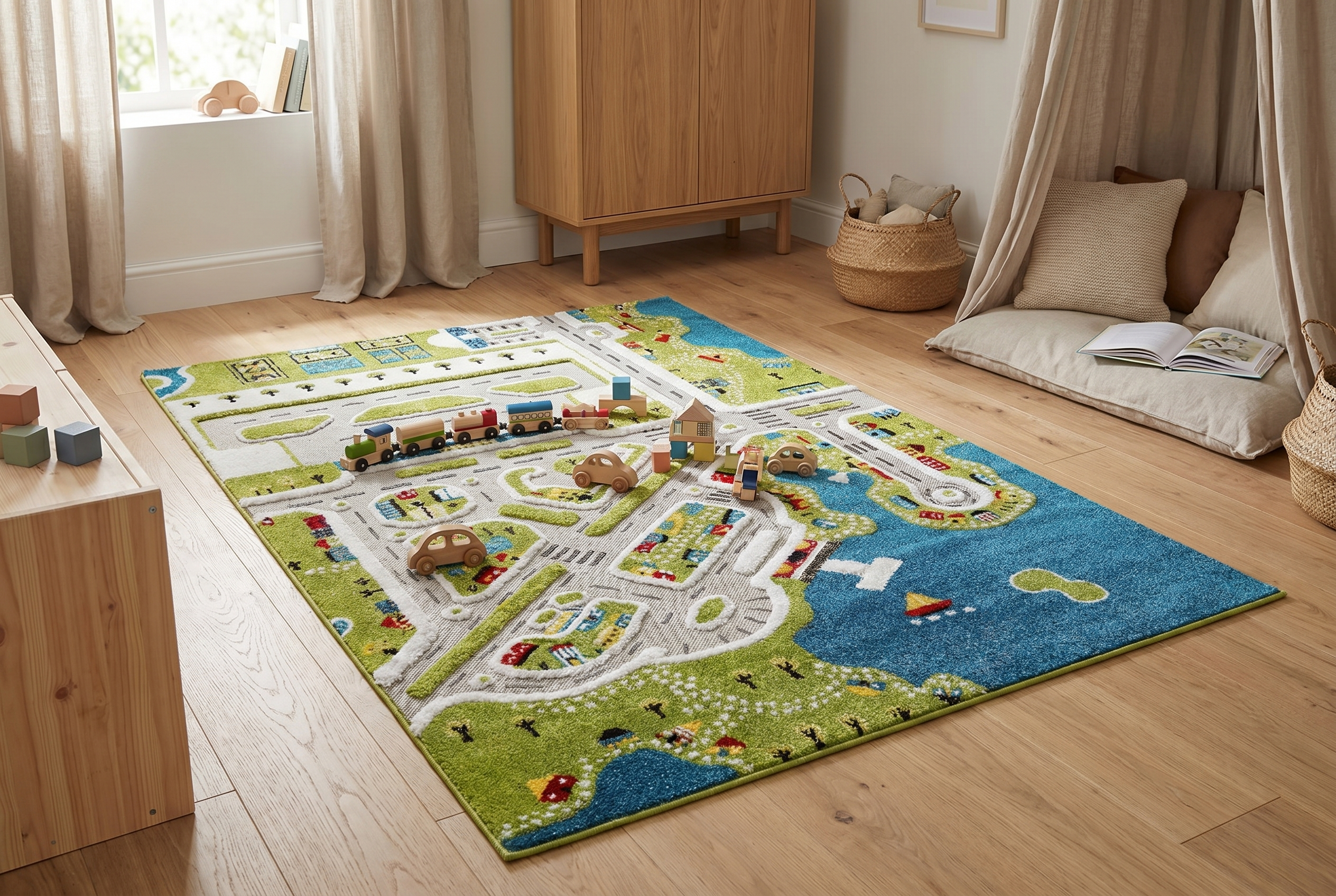 Tapis enfant jeu circuit ville multicolore vert et bleu dans une chambre enfant bois