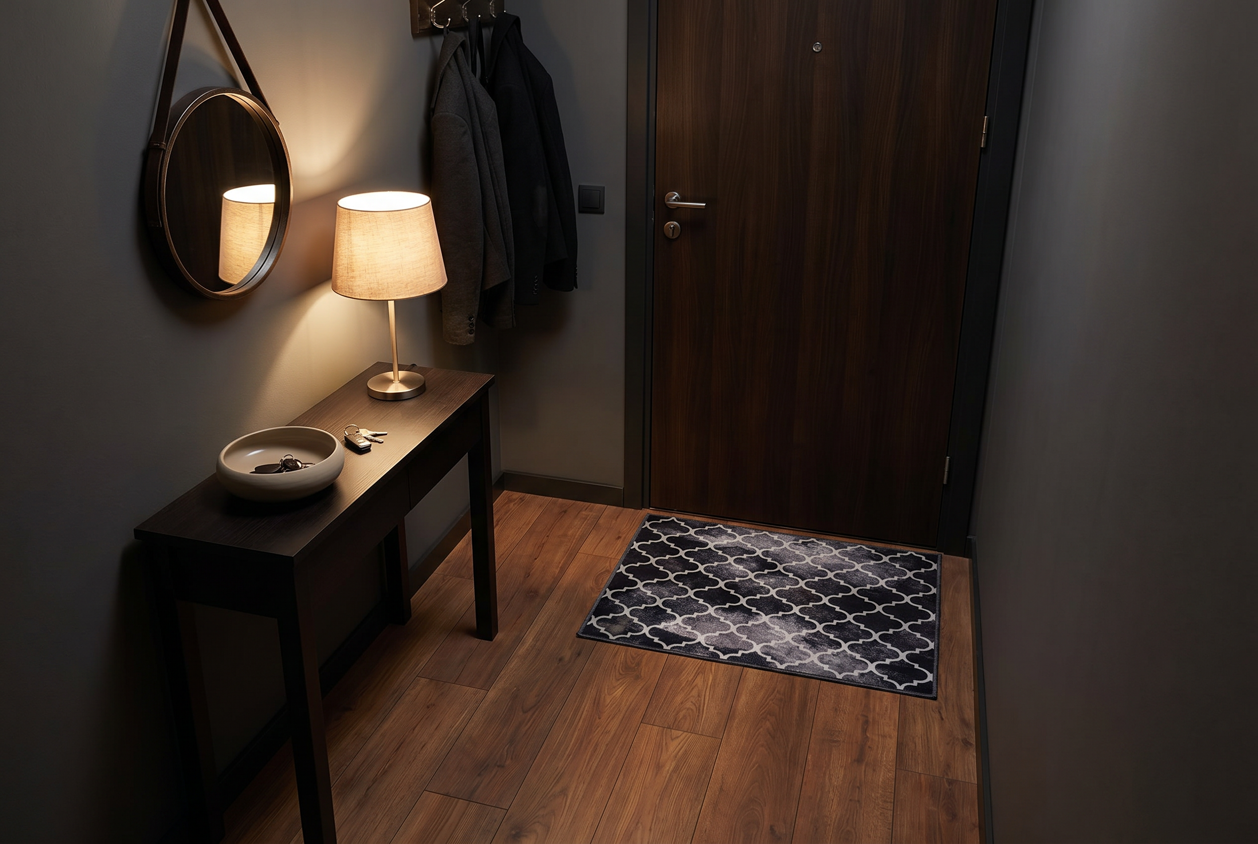 Tapis d'entrée géométrique gris anthracite motif treillis dans une entrée sombre
