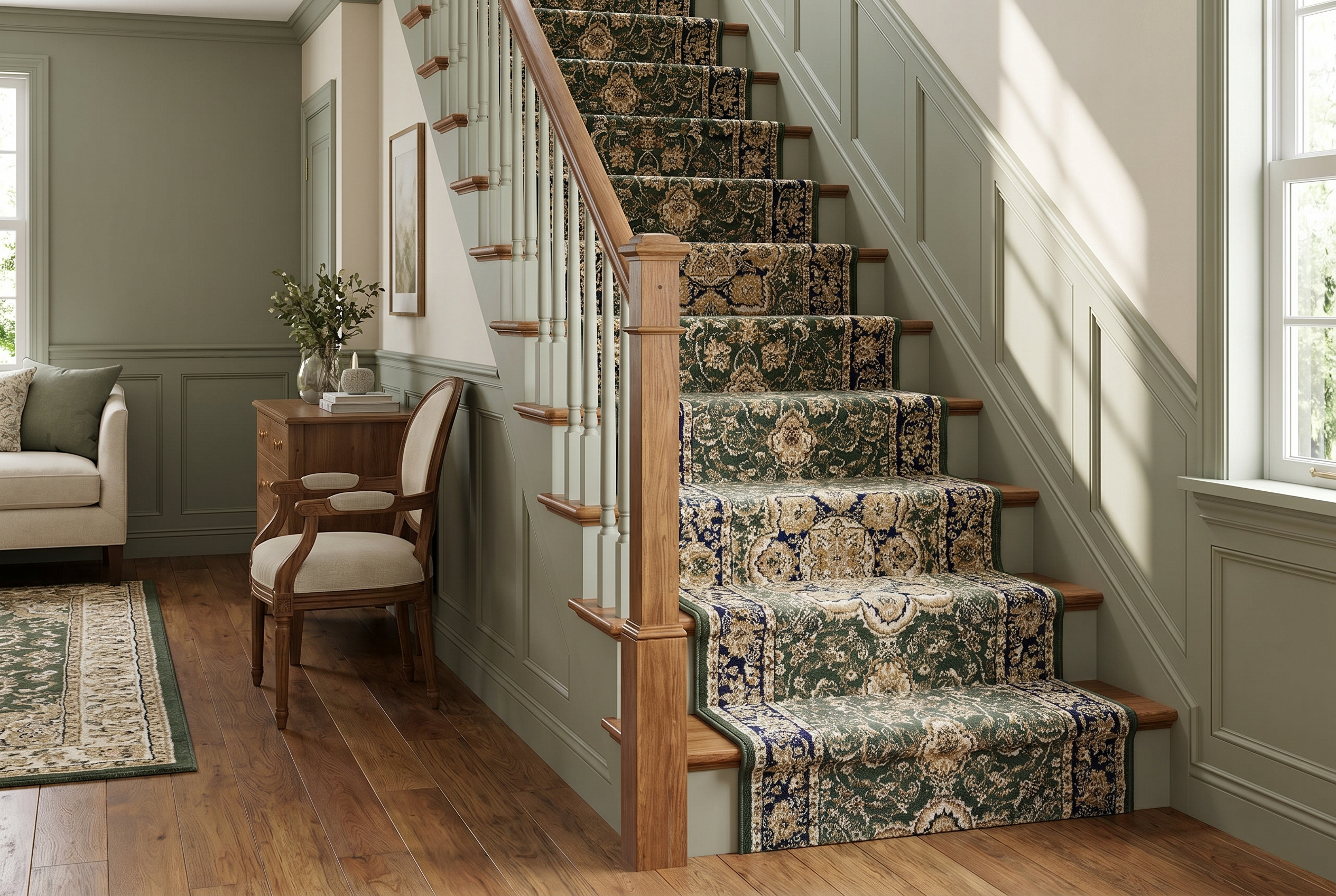 Tapis d'escalier oriental vert et bleu marine motifs floraux sur escalier en bois classique