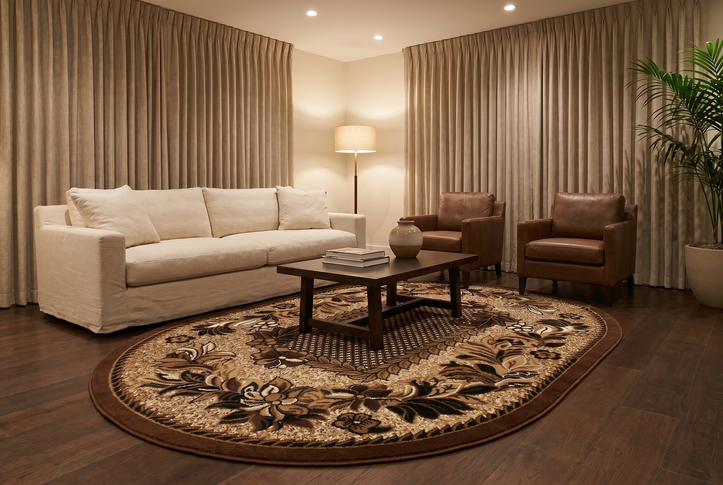 Tapis ovale brun motifs floraux style classique dans un salon chaleureux aux rideaux beiges