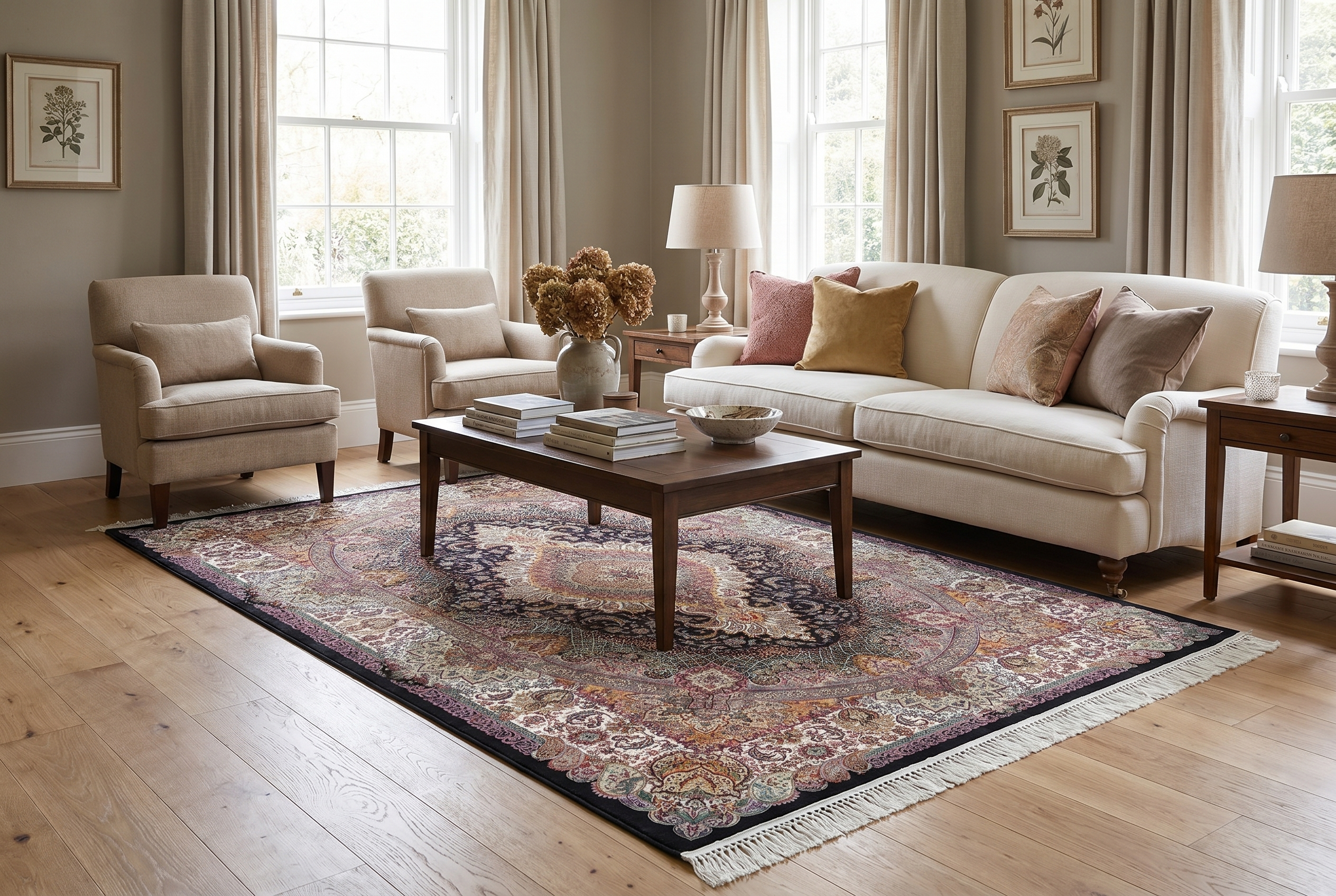 Tapis persan à médaillon multicolore avec franges dans un salon classique aux tons beiges