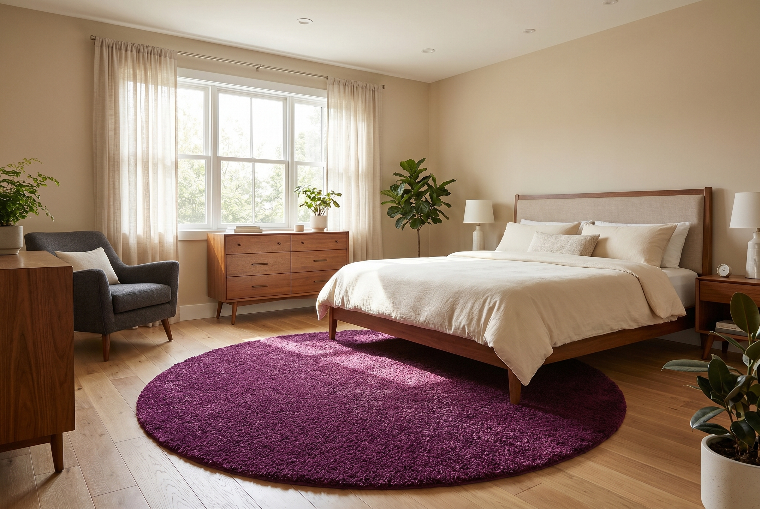 Tapis rond violet shaggy sous un lit en bois dans une chambre scandinave lumineuse