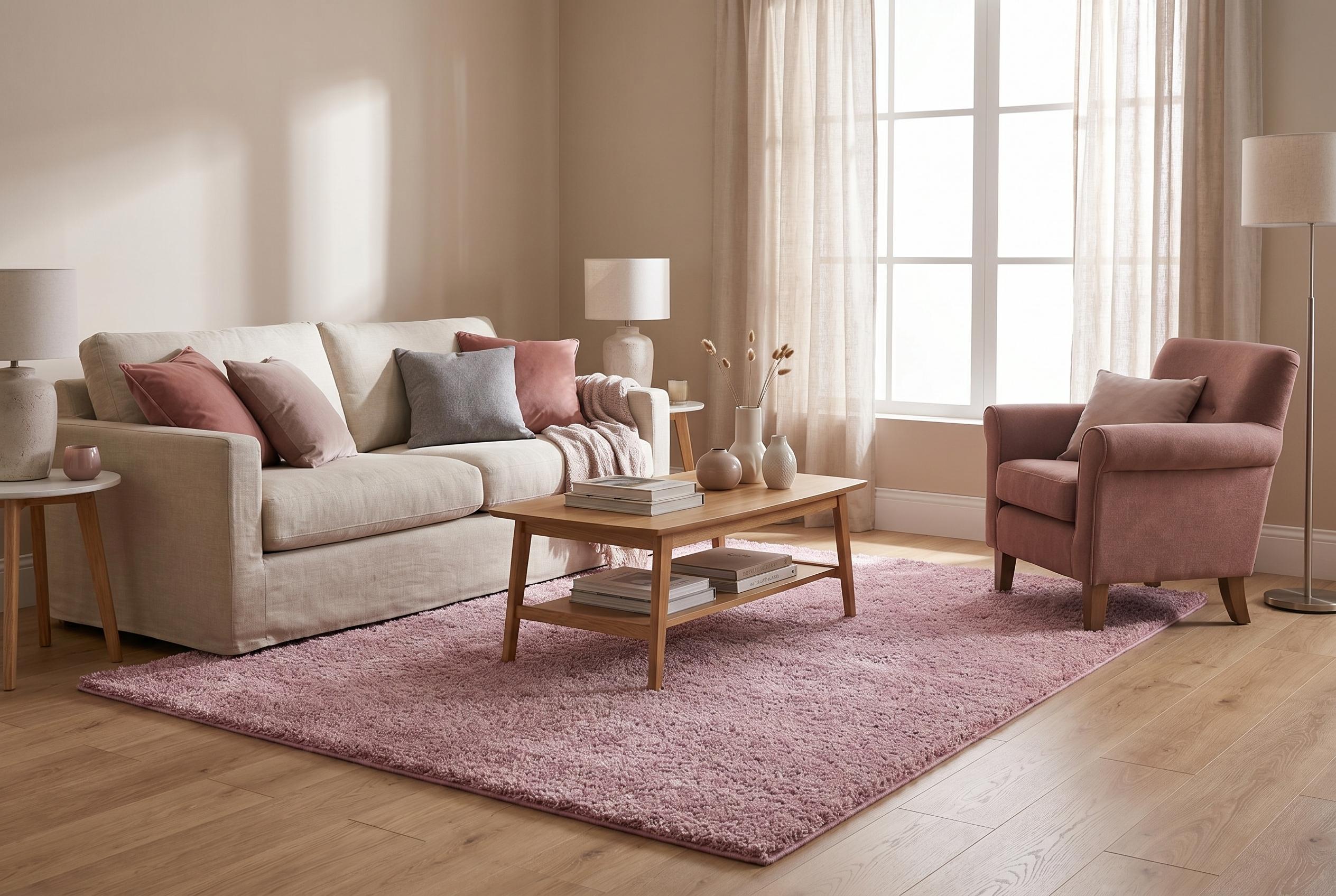 Tapis shaggy rose poudré rectangle dans un salon lumineux avec canapé beige