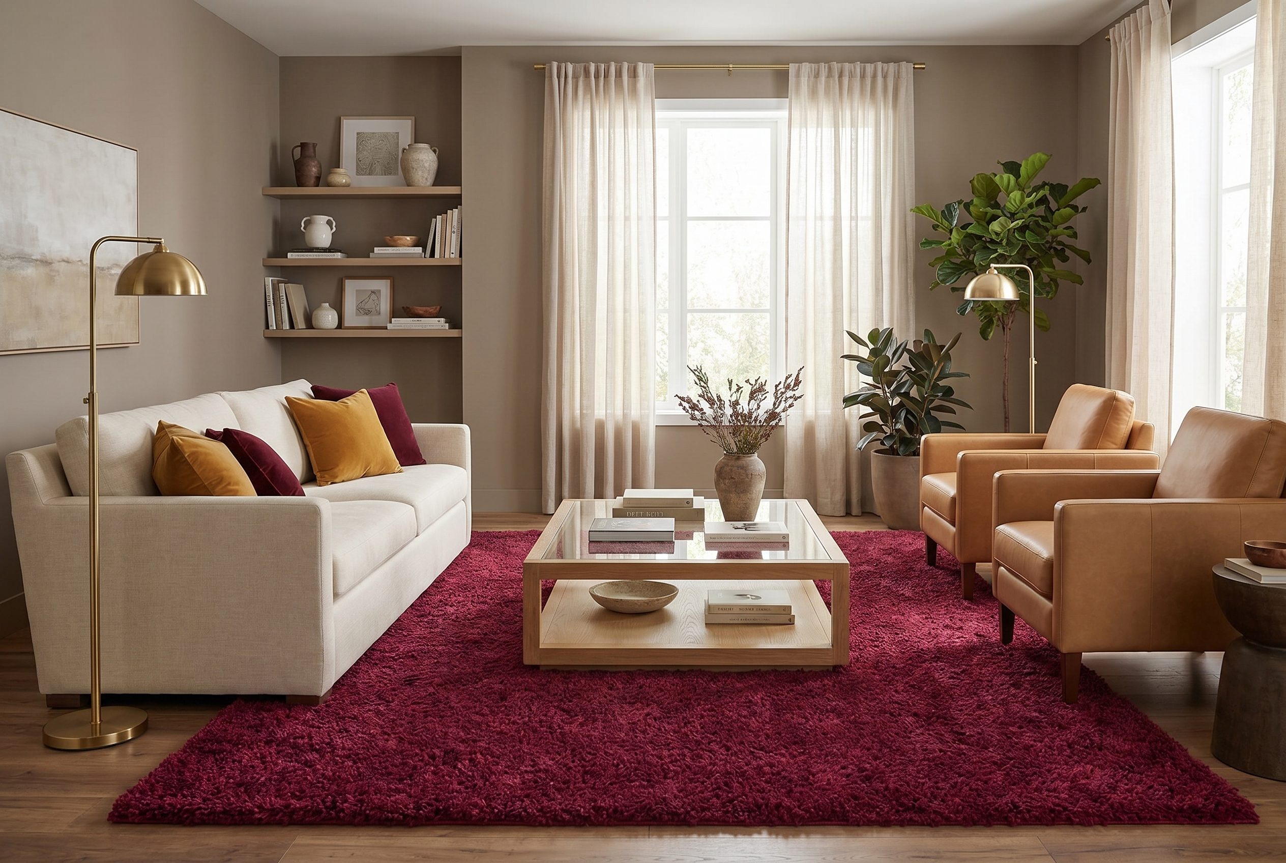Tapis shaggy rouge bordeaux dans un salon chaleureux avec fauteuils cuir et lampes dorées