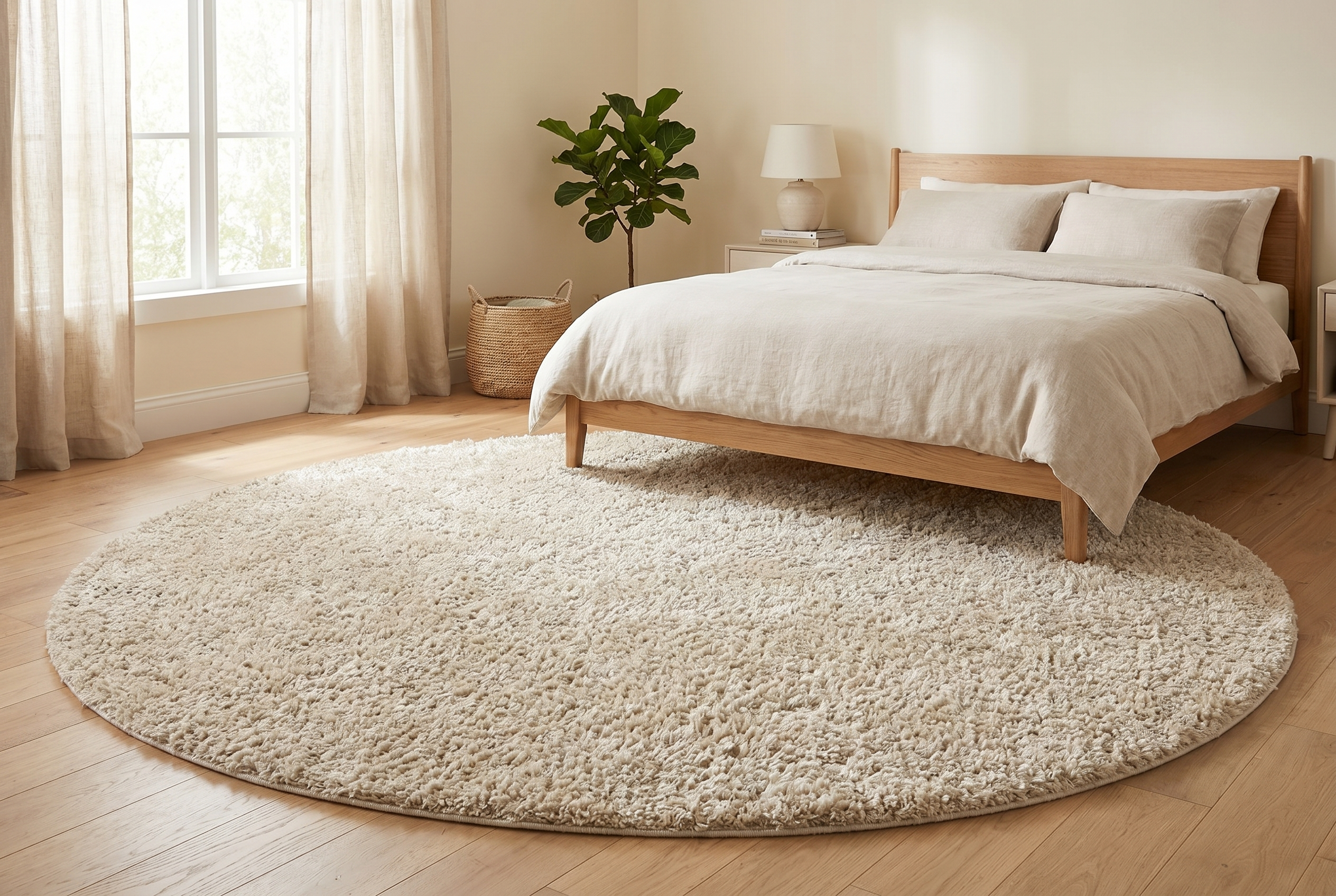 Tapis rond shaggy beige ivoire à poils longs dans une chambre minimaliste bois clair