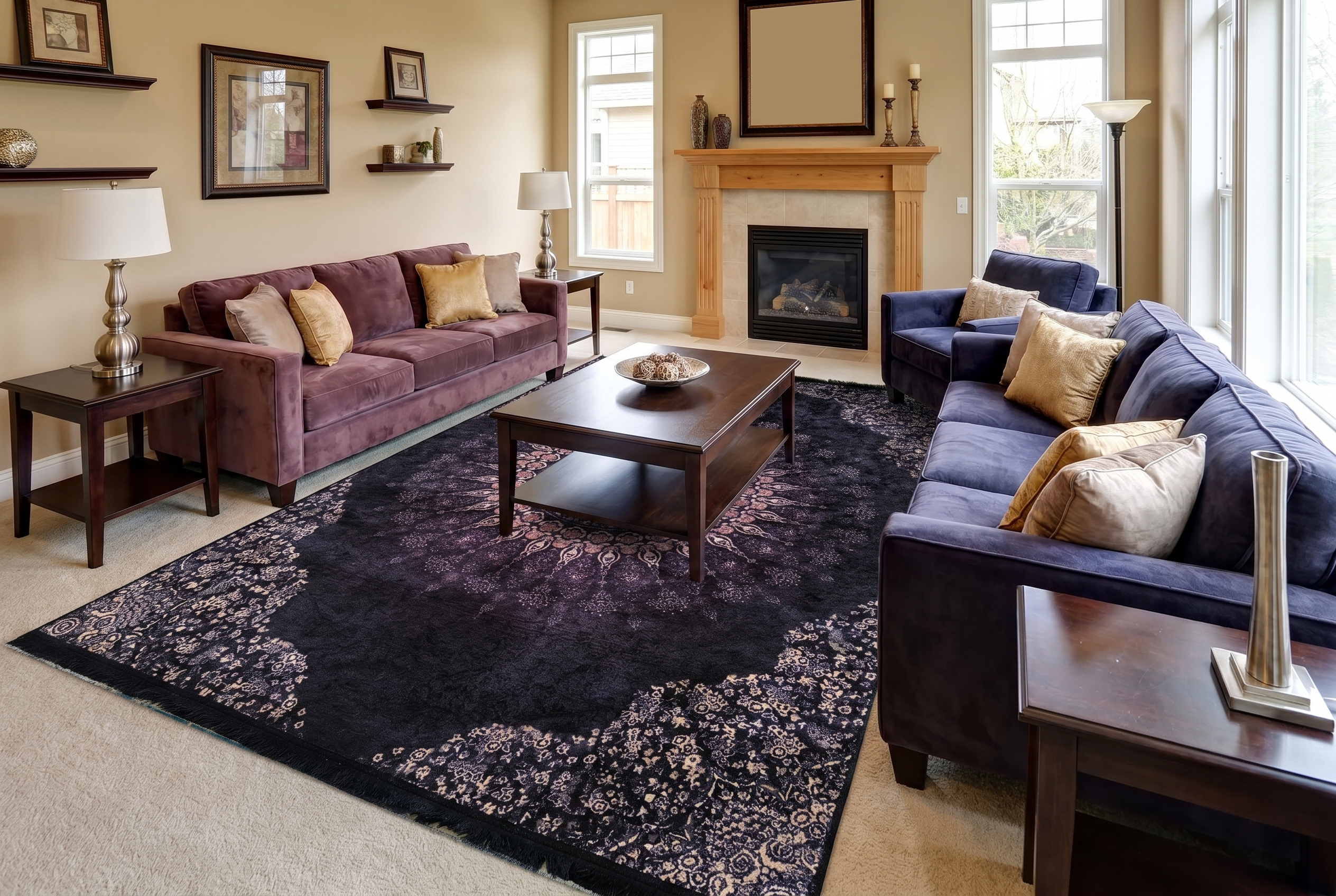 Tapis oriental noir et violet motifs floraux dans un salon classique avec cheminée