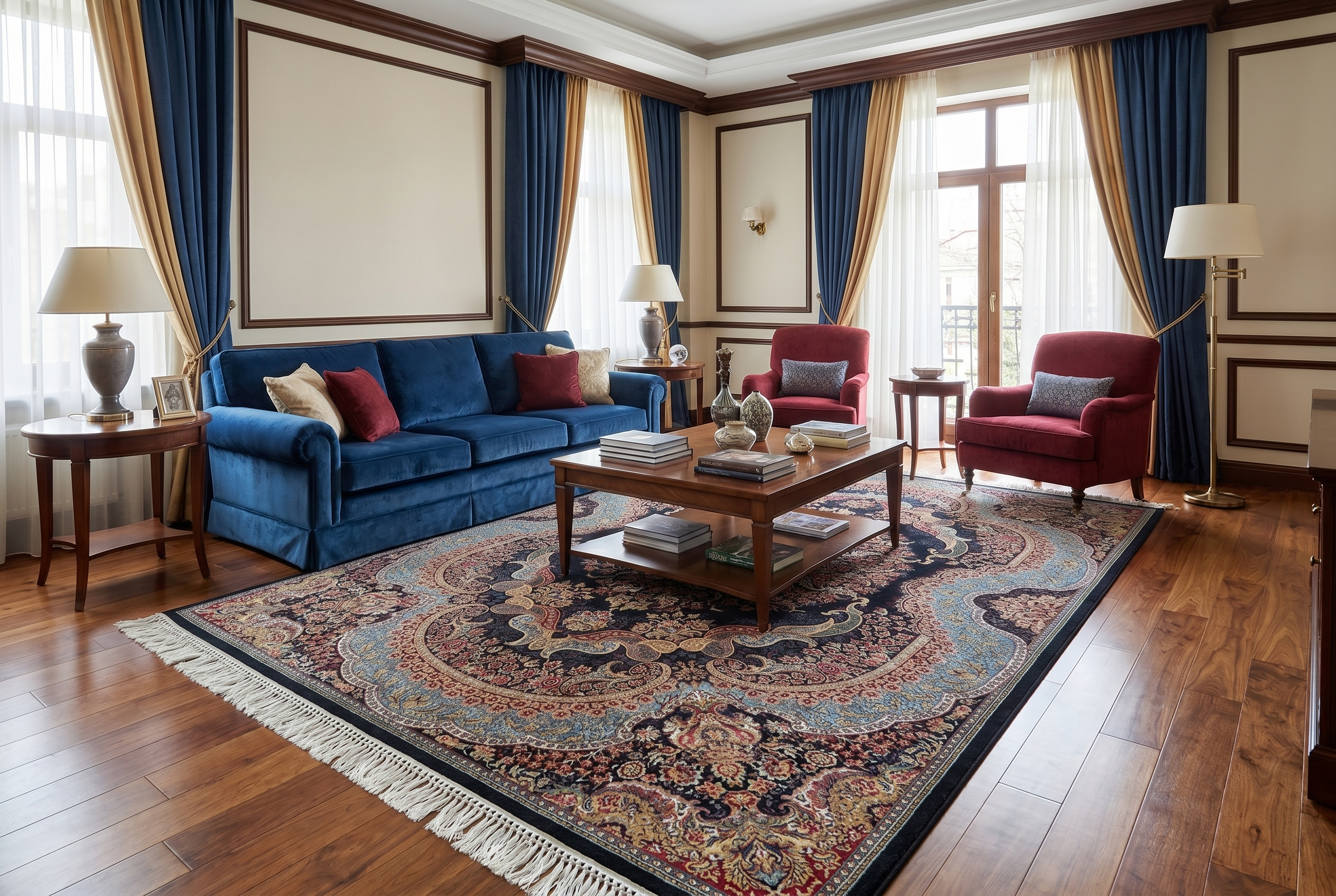 Tapis oriental à médaillon multicolore avec franges dans un salon bourgeois canapé bleu marine