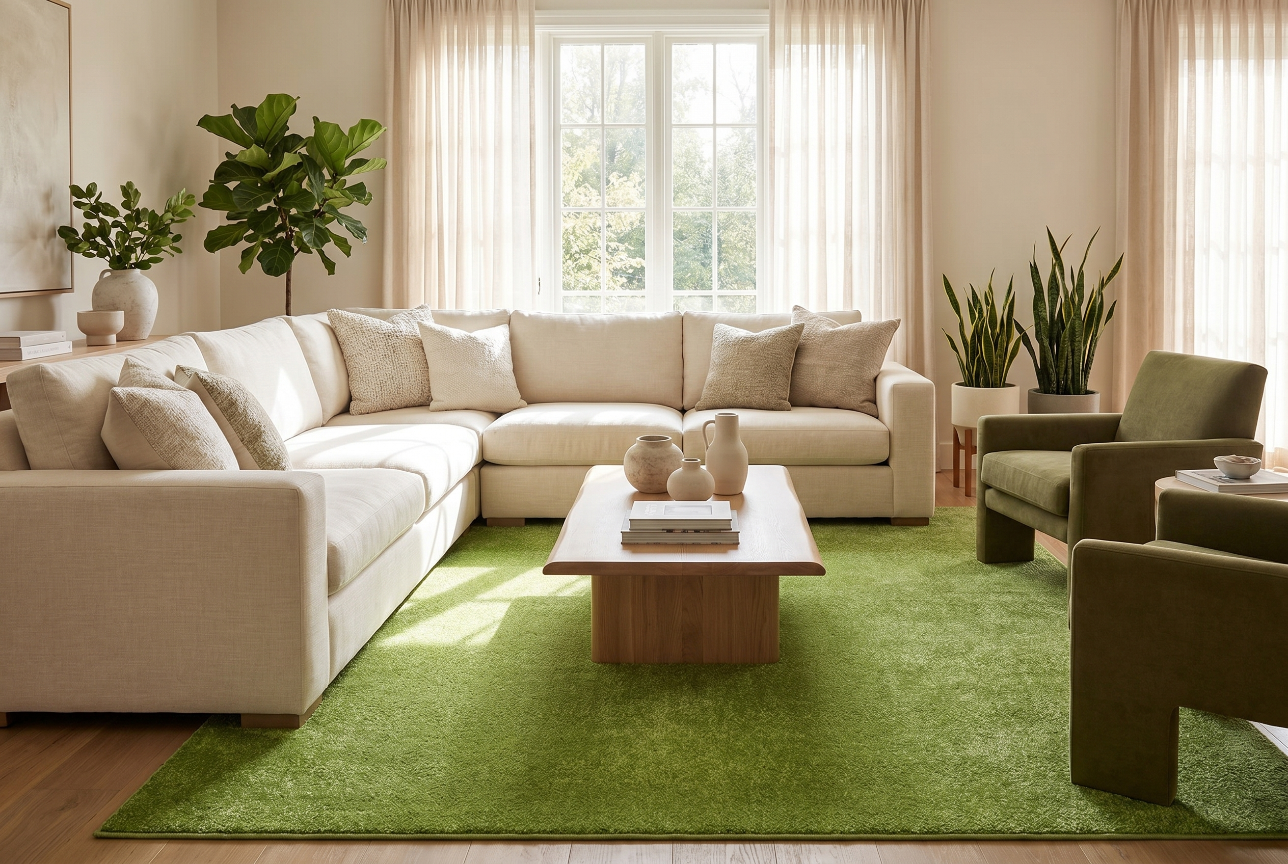 Tapis uni vert anis poils ras dans un salon moderne avec canapé d'angle écru