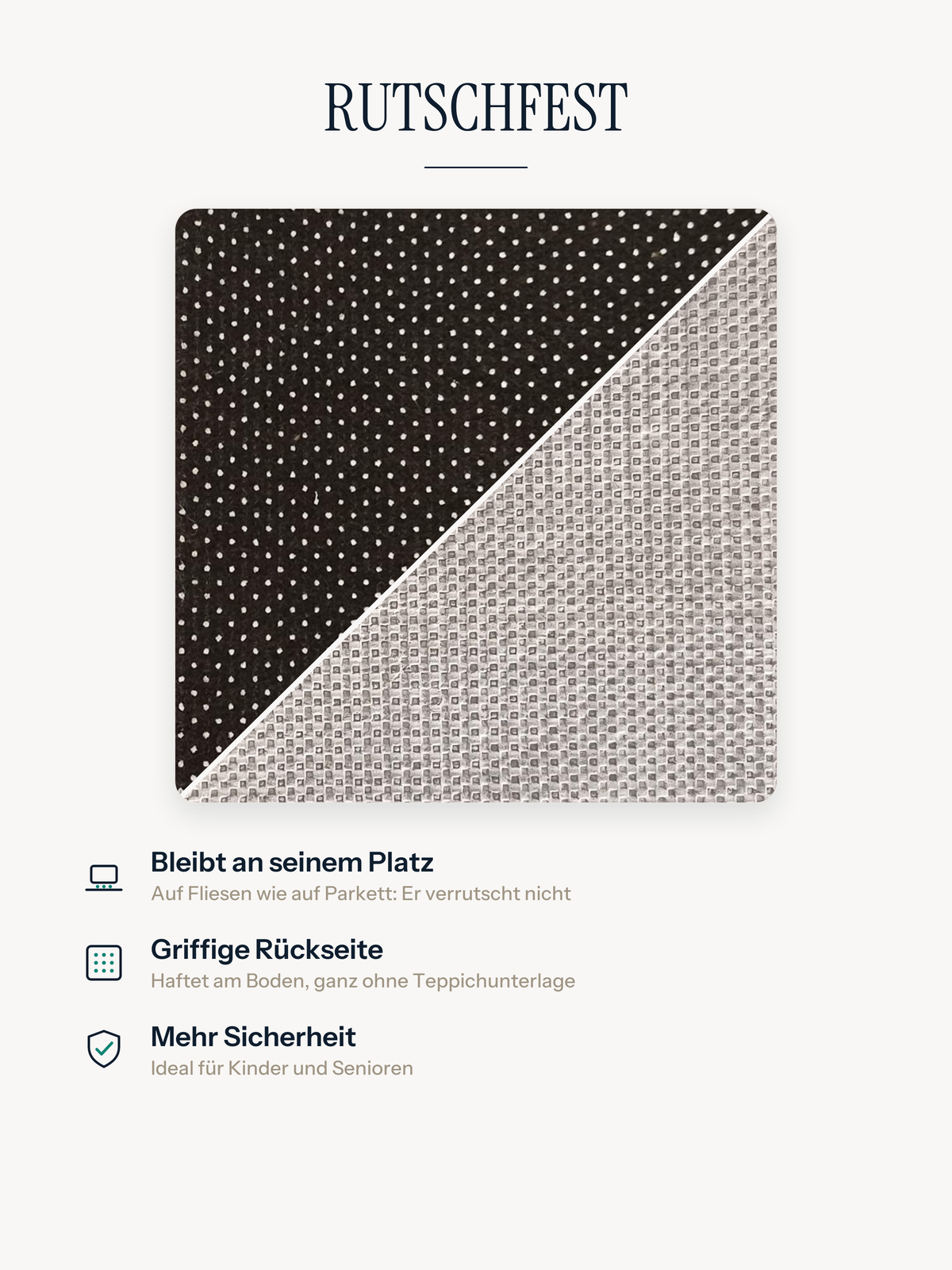 Rutschfeste Unterseite des Casemira Teppichs, bleibt auf Fliesen wie auf Parkett an Ort und Stelle, ohne Unterlage