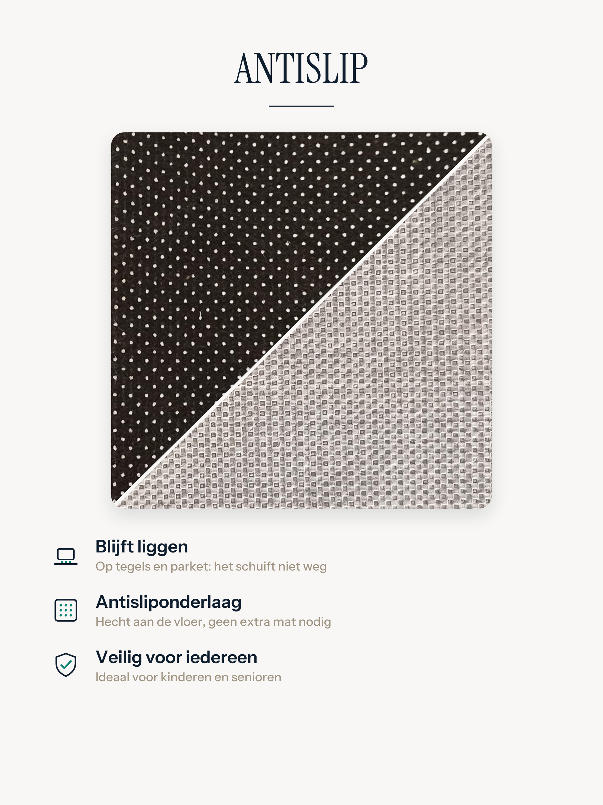 Antislip onderkant van het Casemira vloerkleed, blijft op tegels en parket op zijn plaats, zonder ondertapijt