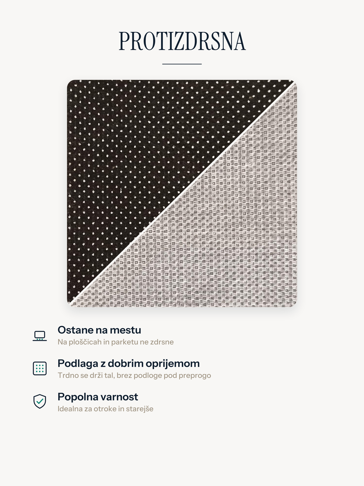 Protizdrsna spodnja stran preproge Casemira, ki ostane na mestu na ploščicah in na parketu, brez dodatne podlage
