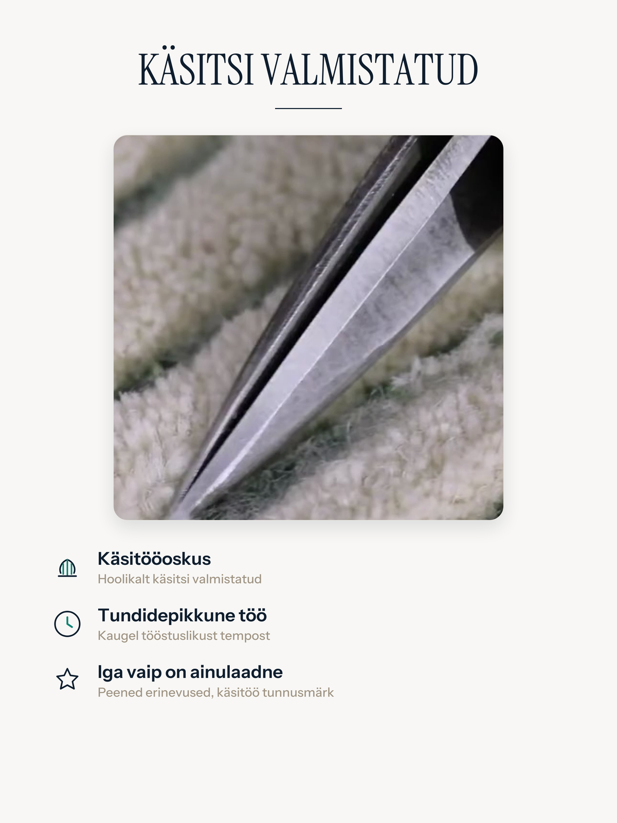 Käsitsi valmistatud Casemira vaip, kääridega viimistletud, käsitööoskus ja ainueksemplar