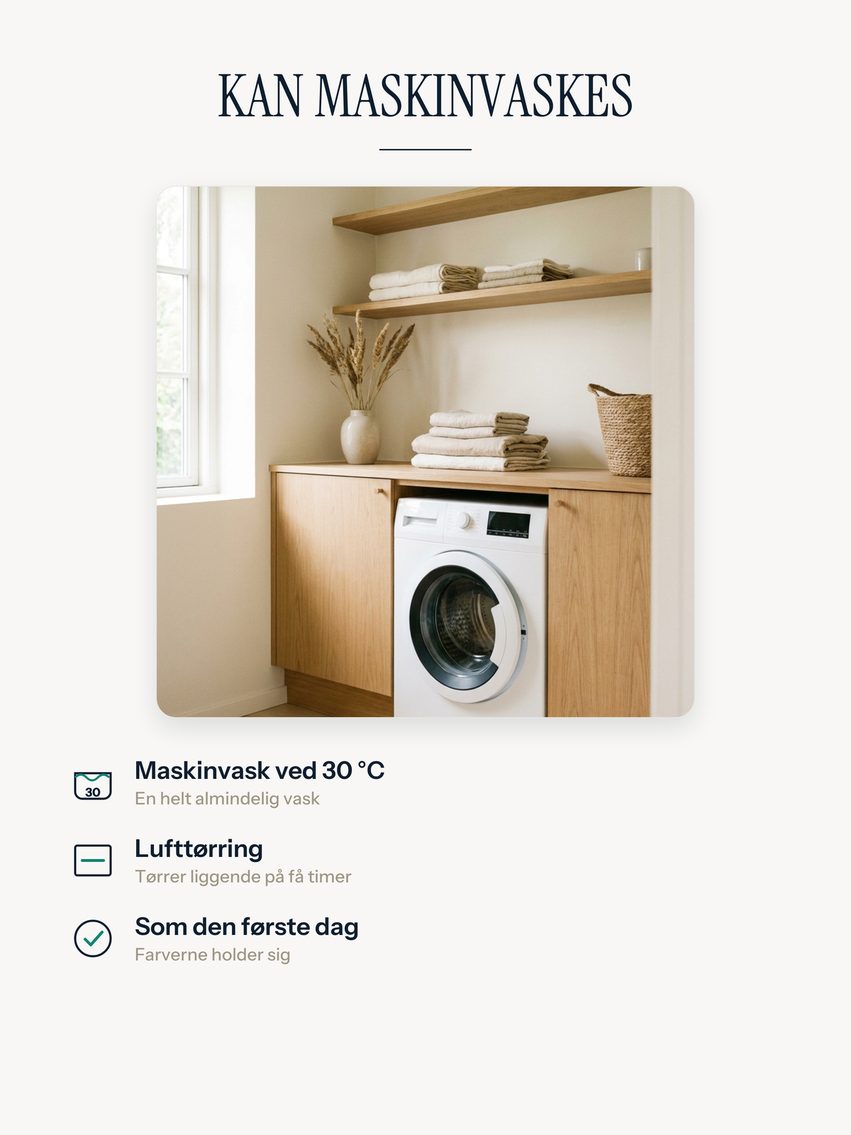 Casemira-tæppe, der kan vaskes i vaskemaskine ved 30 °C og lufttørres liggende fladt. Farverne holder sig
