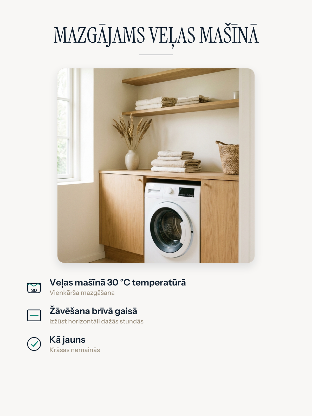 Casemira paklājs, mazgājams veļas mašīnā 30 °C temperatūrā, žāvē horizontāli brīvā gaisā, krāsas nemainās