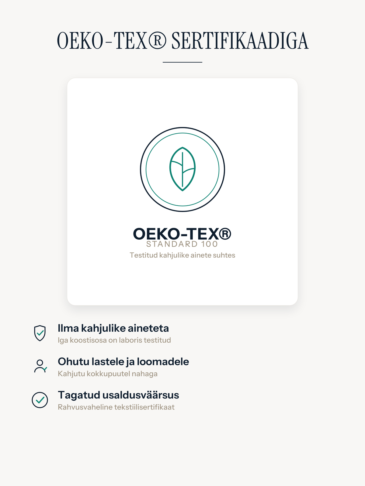 Oeko-Tex Standard 100 sertifikaadiga Casemira vaip, ilma kahjulike aineteta, ohutu lastele ja loomadele