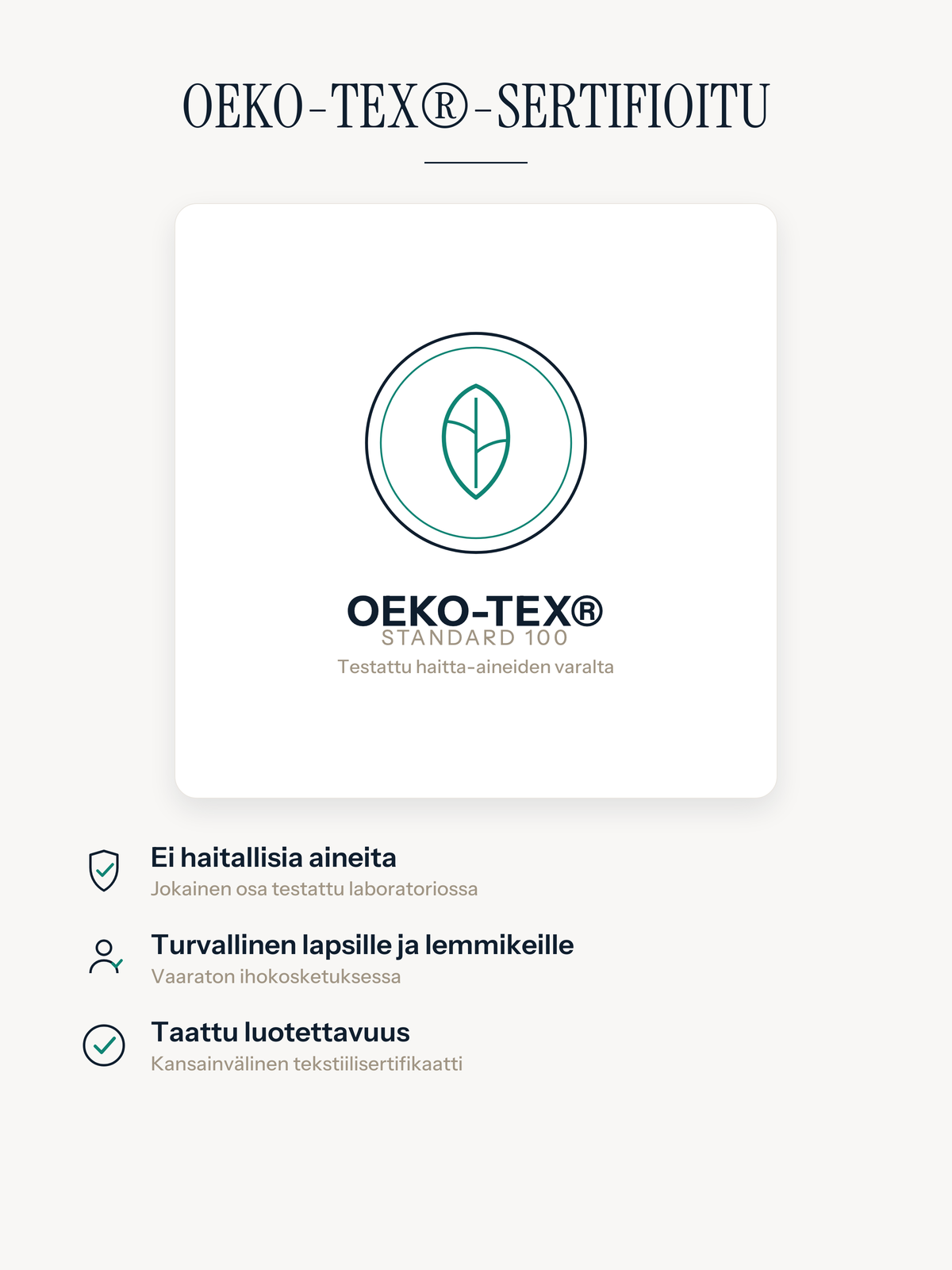 Oeko-Tex Standard 100 -sertifioitu Casemira-matto ilman haitallisia aineita, turvallinen lapsille ja lemmikeille