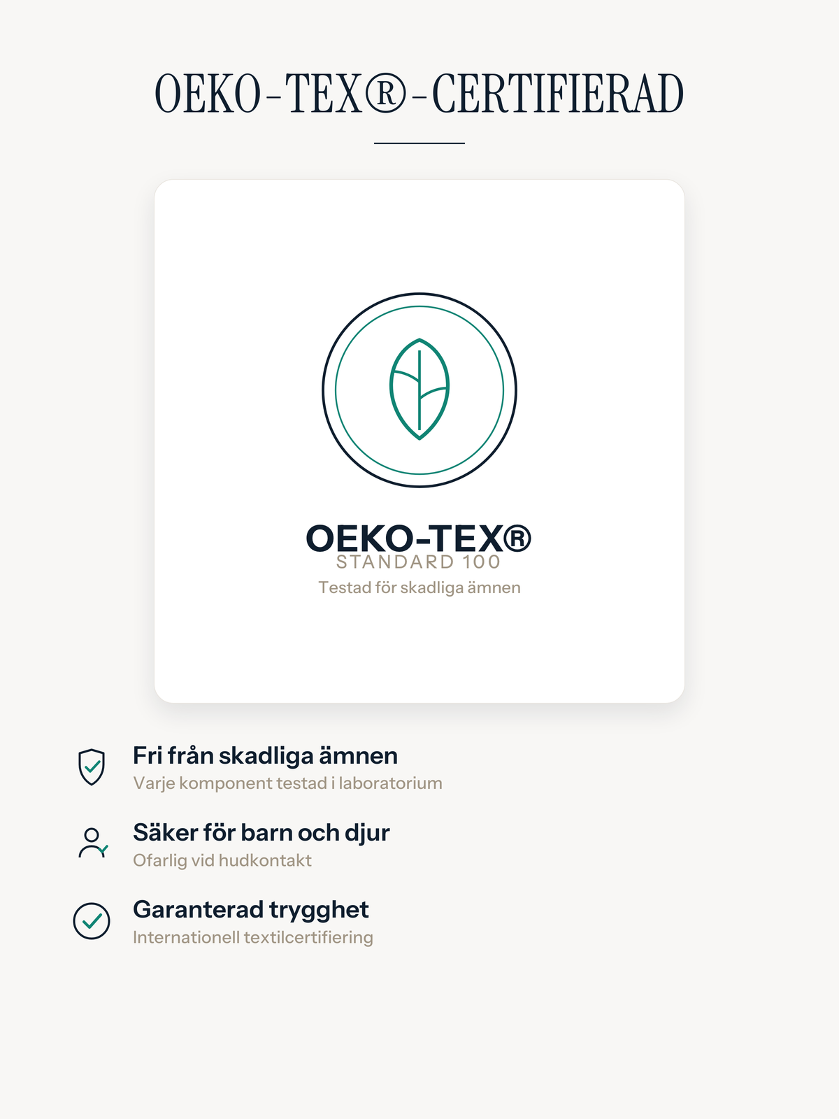 Casemira-matta certifierad enligt Oeko-Tex Standard 100, utan skadliga ämnen, säker för barn och djur