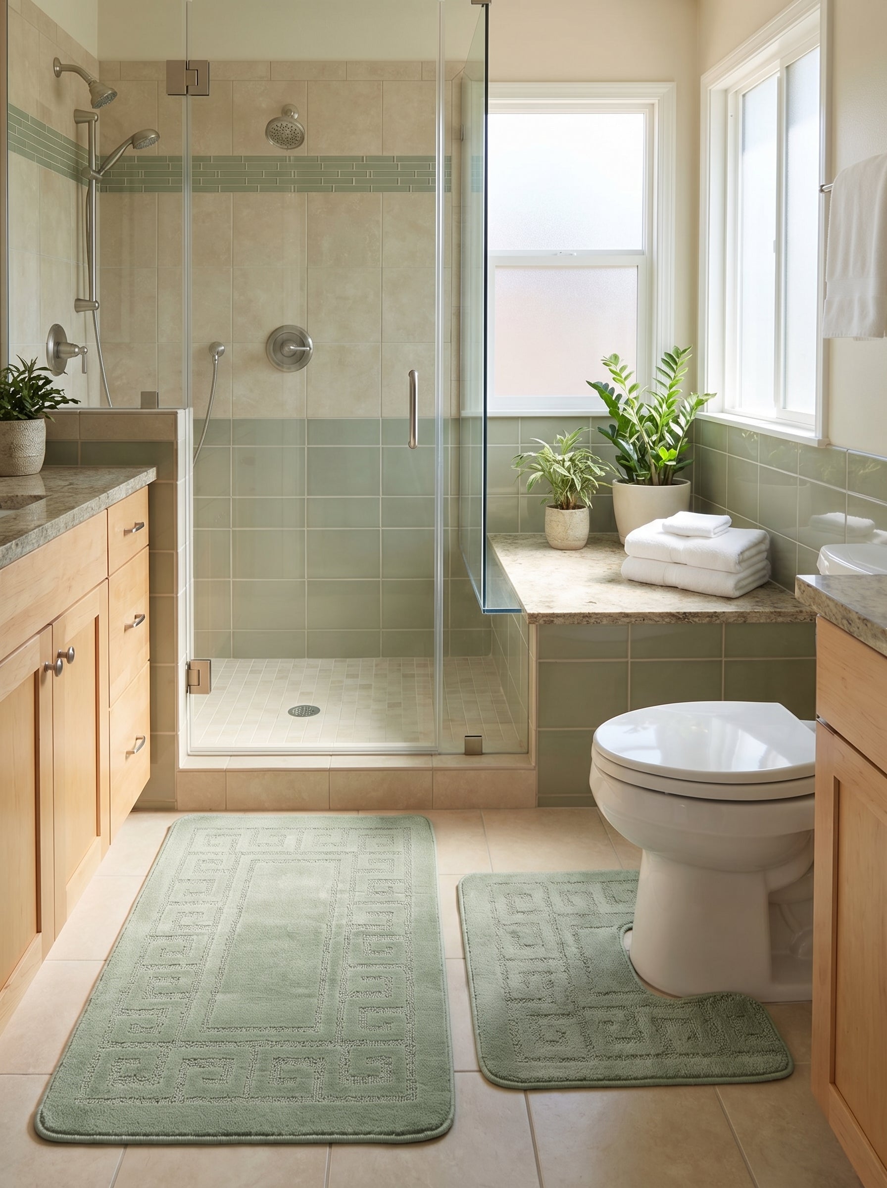 Deux tapis de bain vert clair, à motifs géométriques en relief, l'un rectangulaire et l'autre en U, dans une salle de bain