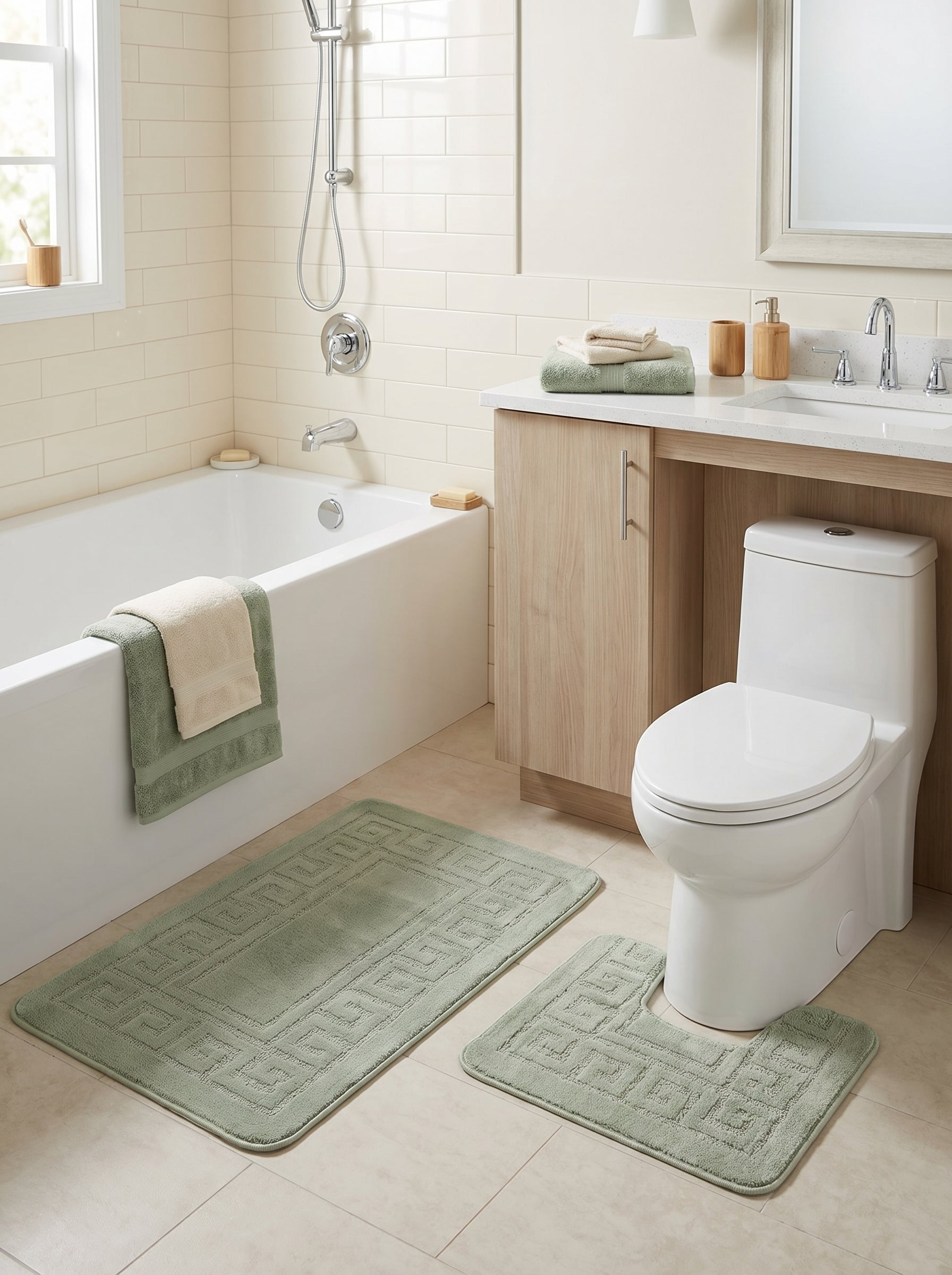 Deux tapis de bain vert sauge avec un motif géométrique en relief, un rectangulaire et un en U autour des toilettes, dans une salle de bain claire