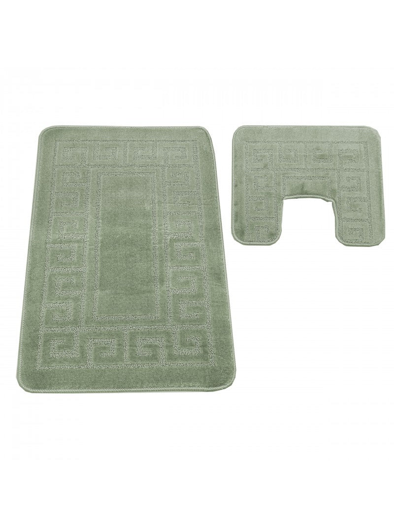 Paire de tapis vert sauge, un rectangulaire et un en U, avec un motif géométrique en relief doux