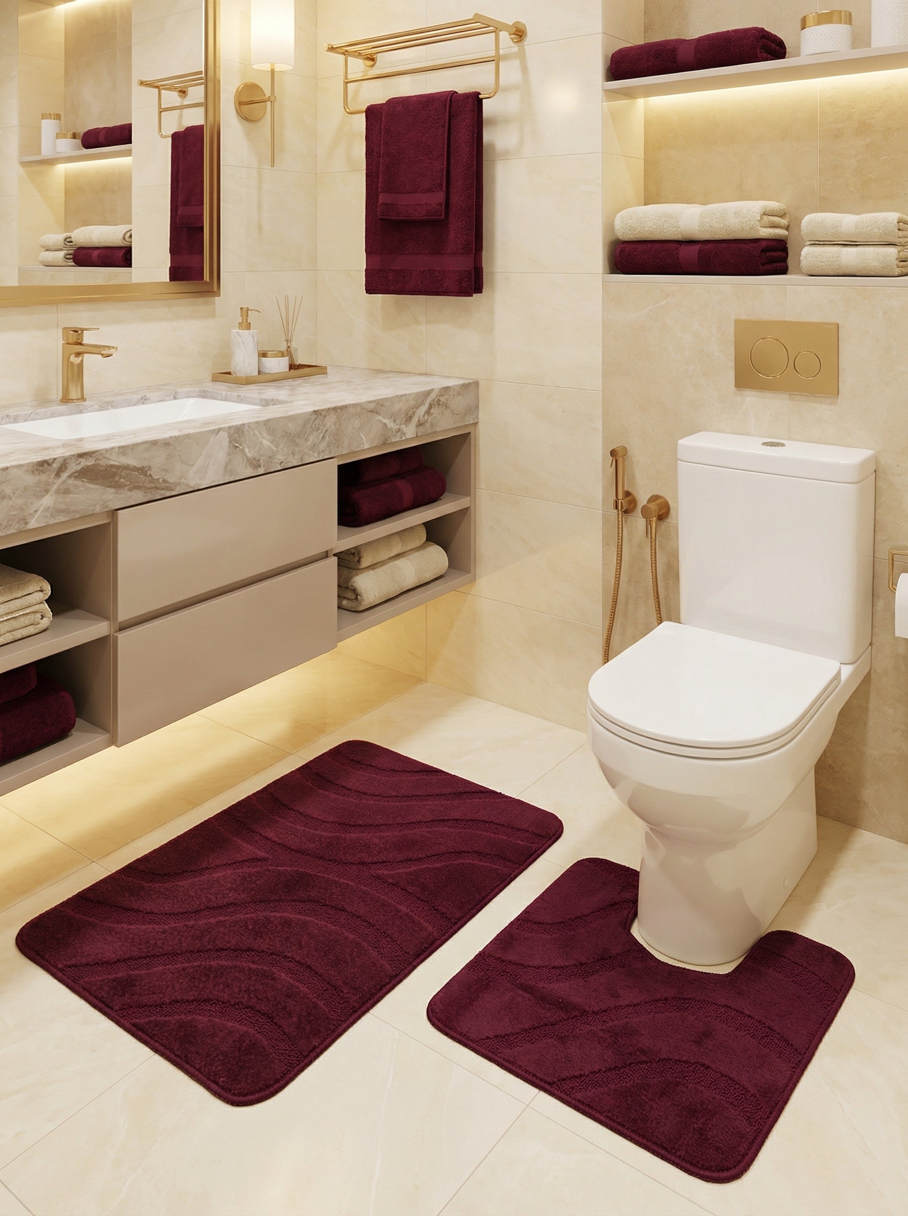 Ensemble de deux tapis de bain bordeaux moelleux, l'un rectangulaire et l'autre en U, avec des motifs ondulés, dans une salle de bain claire