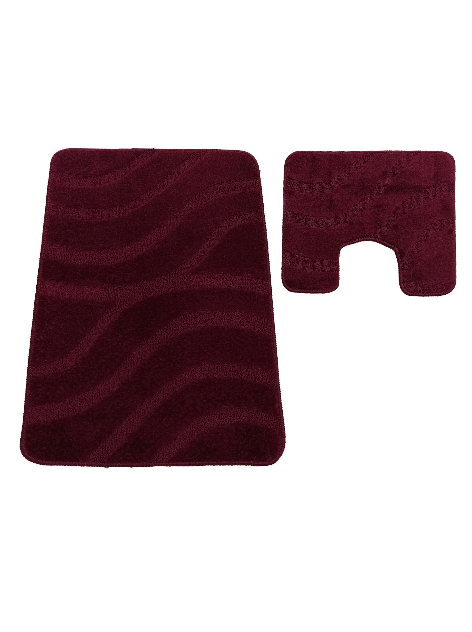 Ensemble de tapis bordeaux à texture douce avec des motifs de vagues. Un tapis rectangulaire et un tapis en U