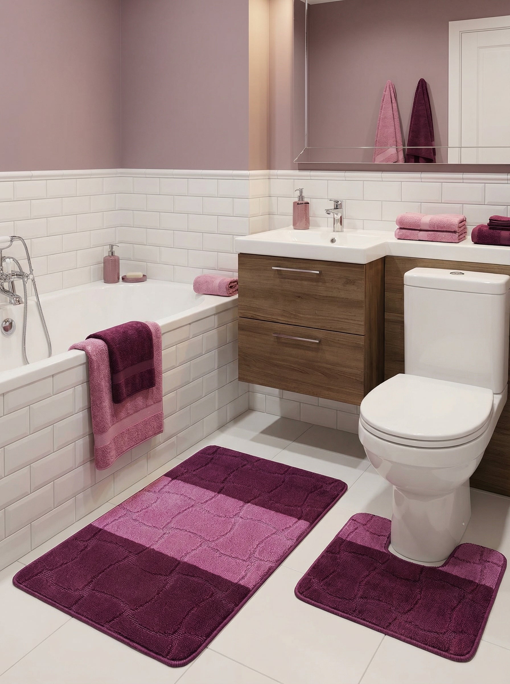 Deux tapis de bain, un rectangulaire et un en U, aux motifs géométriques en relief, alternent violet foncé et rose dans une salle de bain