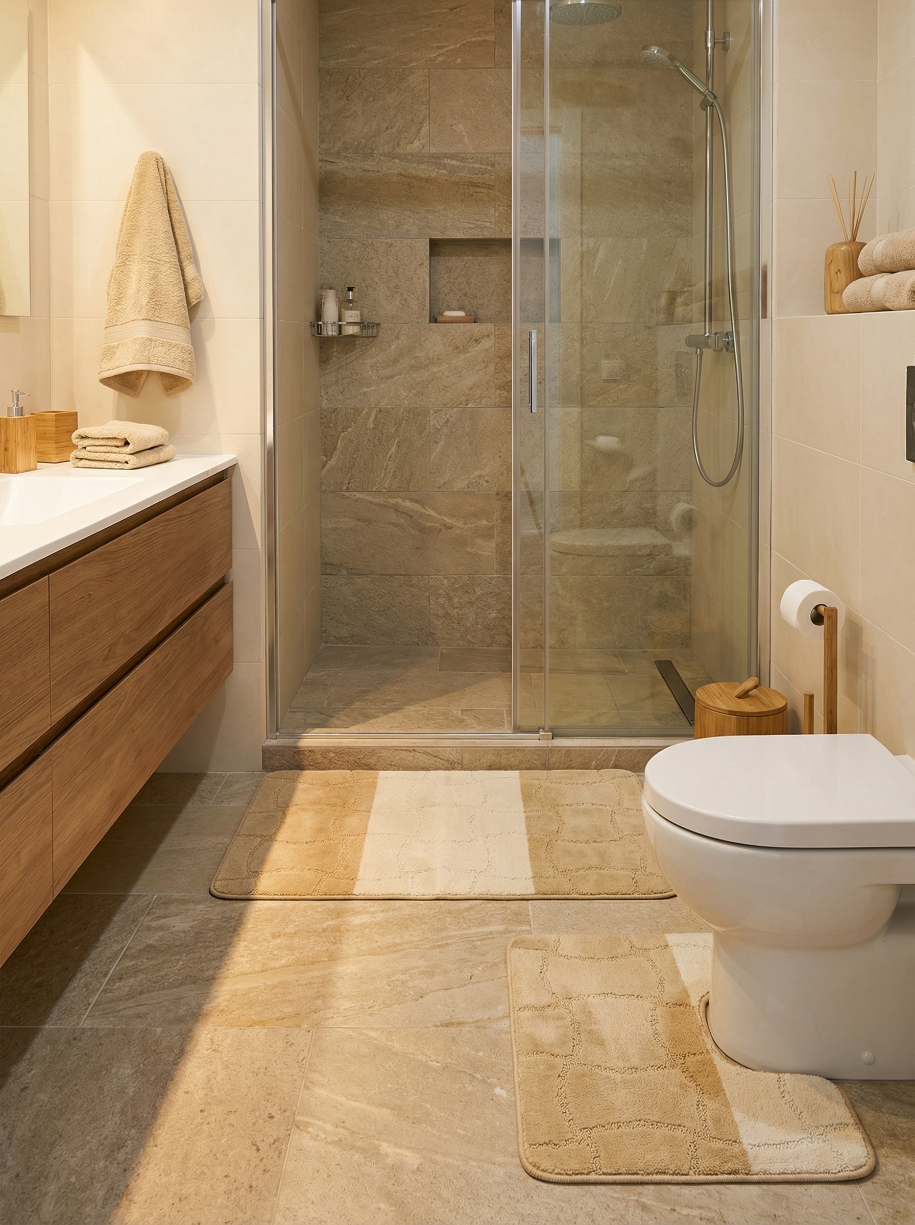 Tapis de bain rectangulaire long, beige avec des bandes horizontales et un motif géométrique texturé, dans une salle de bain moderne