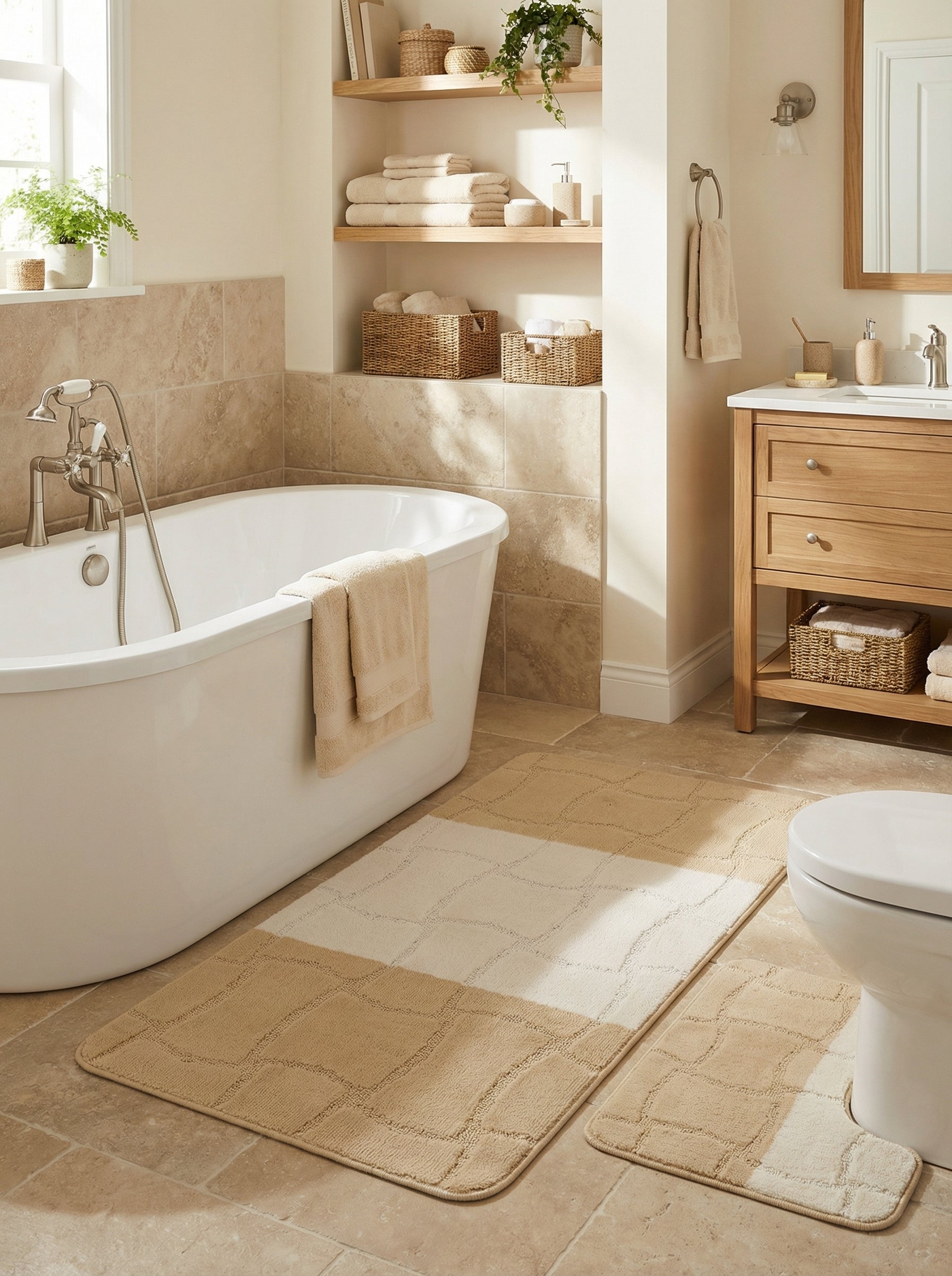 Tapis de bain moelleux bicolore beige et crème avec un motif quadrillé texturé, accompagné d'un petit tapis coordonné dans une salle de bain claire