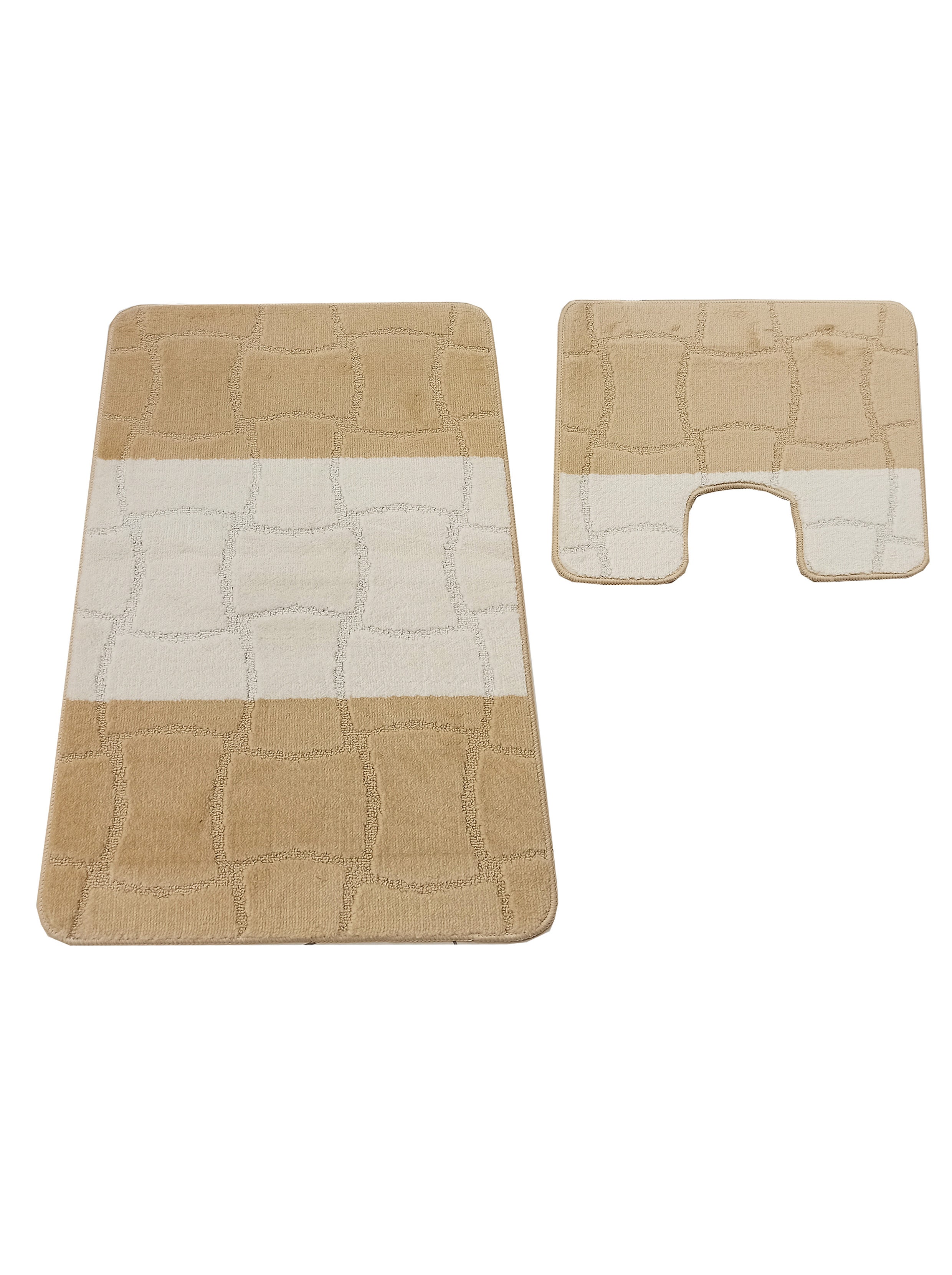 Paire de tapis textiles beige et camel, l'un rectangulaire et l'autre en U, avec une bande centrale claire et un motif quadrillé texturé